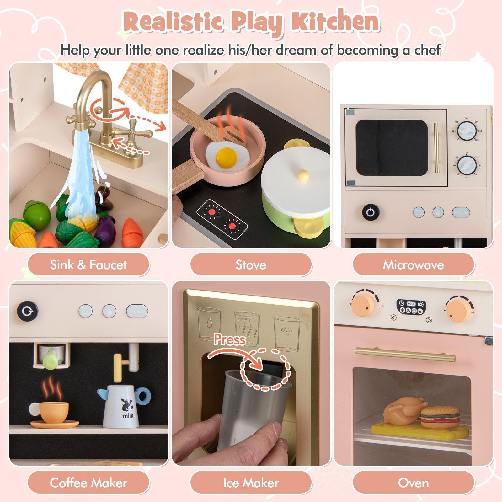 GBruno Kids Kitchen Playset with Microwave and Coffee Maker for Ages 3+-Pink