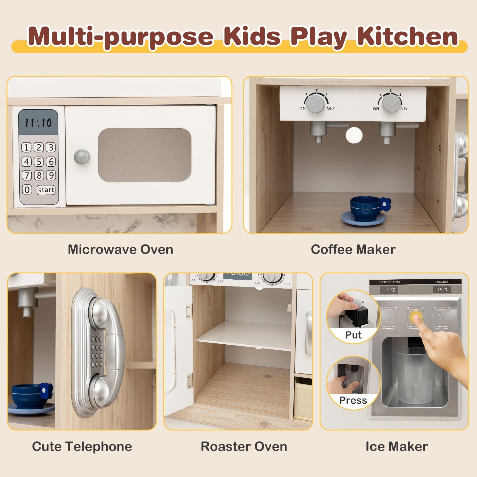 GBruno Kids Kitchen Playset with Adjustable LED Lights Removable Fabric Bins-White