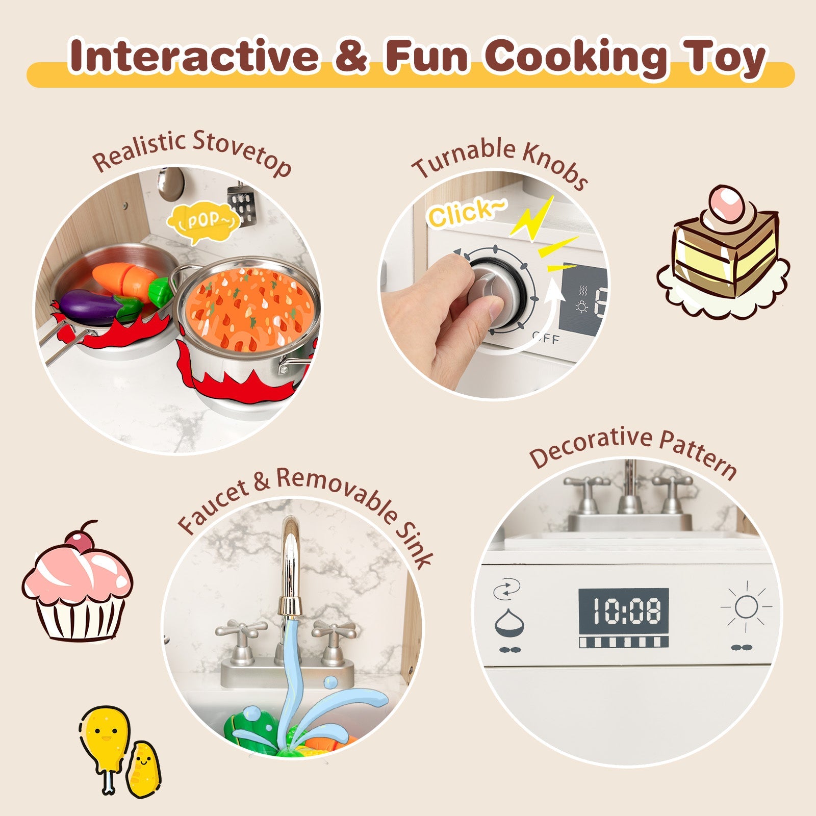 GBruno Kids Kitchen Playset with Adjustable LED Lights Removable Fabric Bins-White