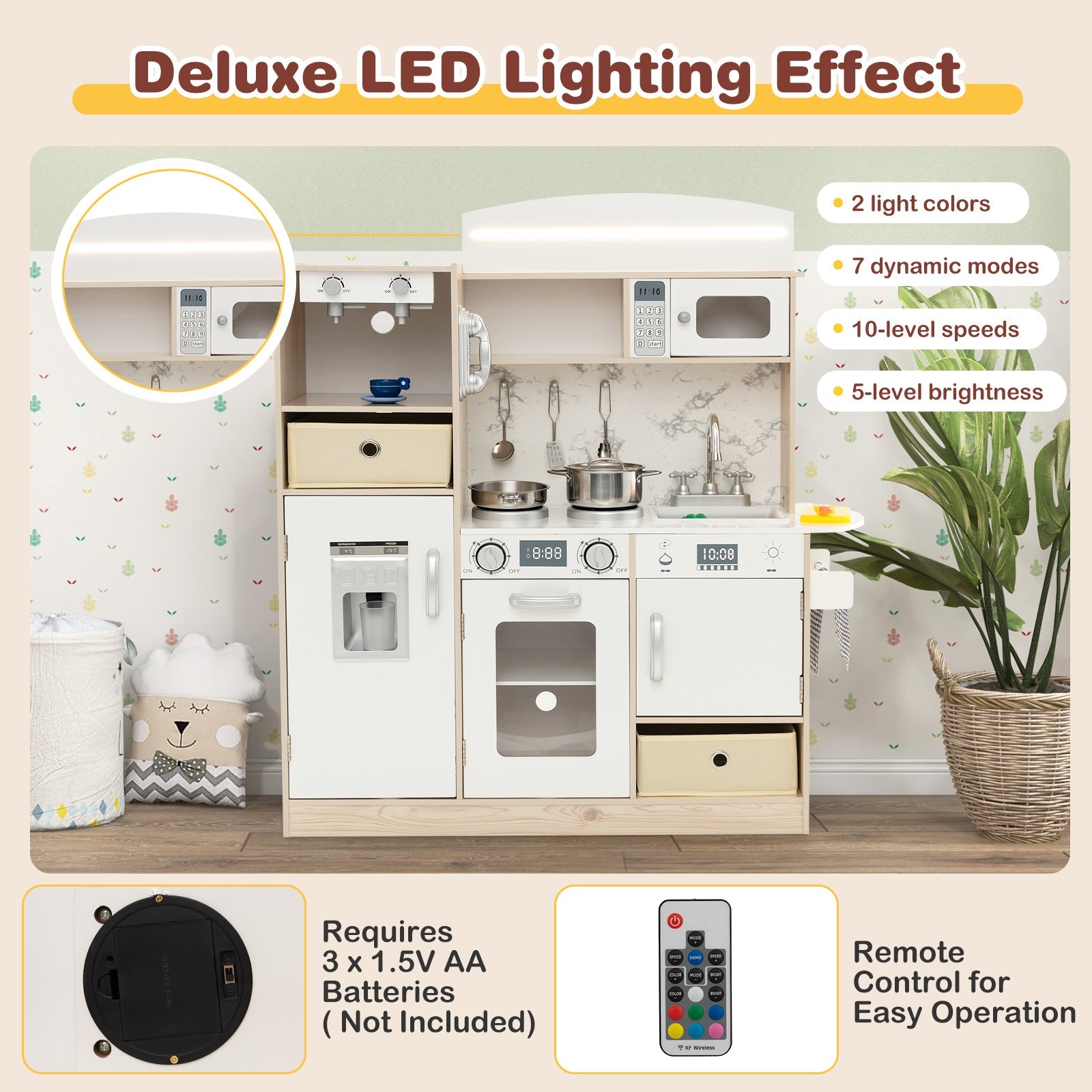 GBruno Kids Kitchen Playset with Adjustable LED Lights Removable Fabric Bins-White