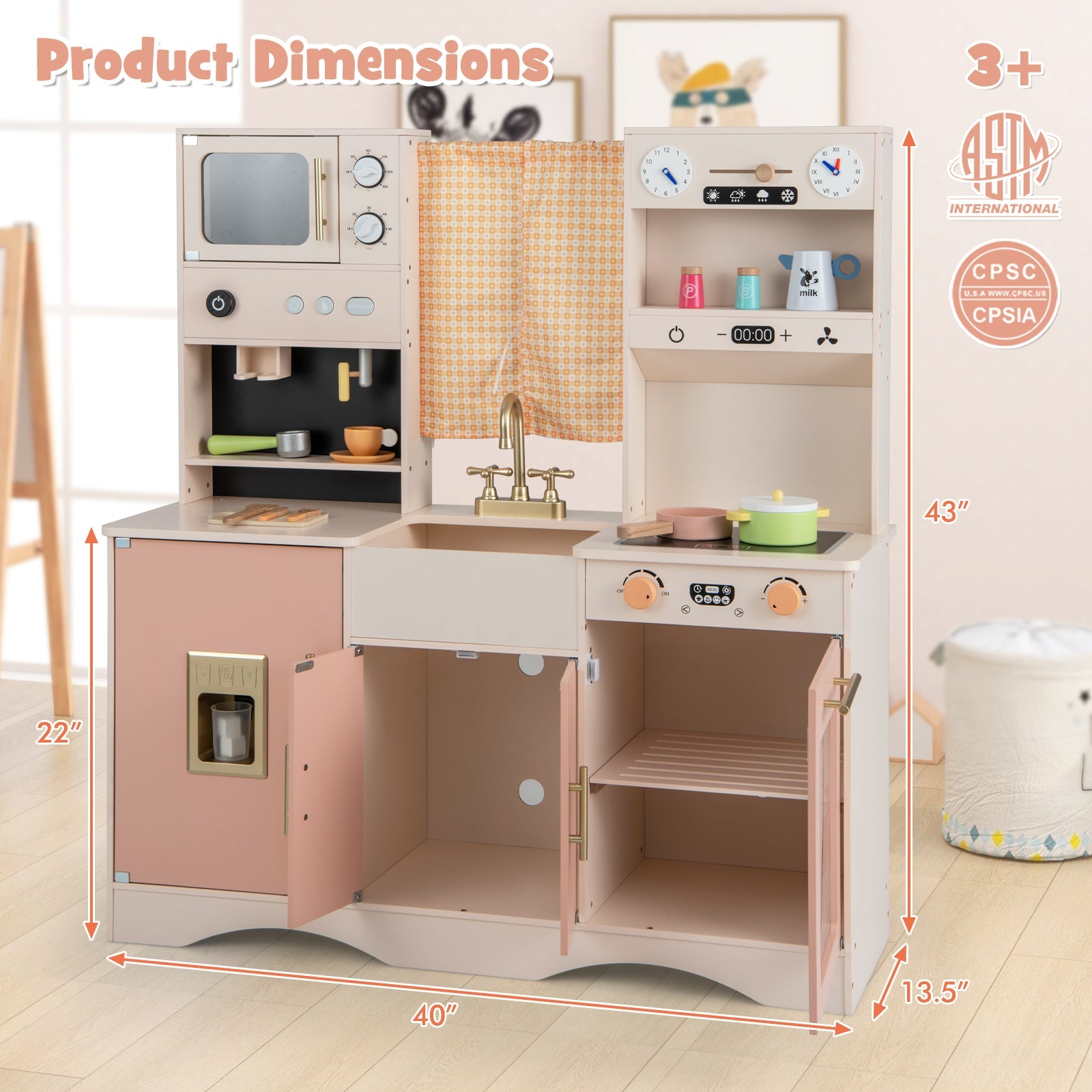 GBruno Kids Kitchen Playset with Microwave and Coffee Maker for Ages 3+-Pink
