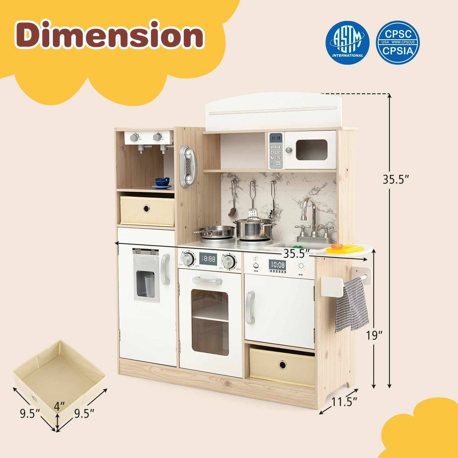 GBruno Kids Kitchen Playset with Adjustable LED Lights Removable Fabric Bins-White