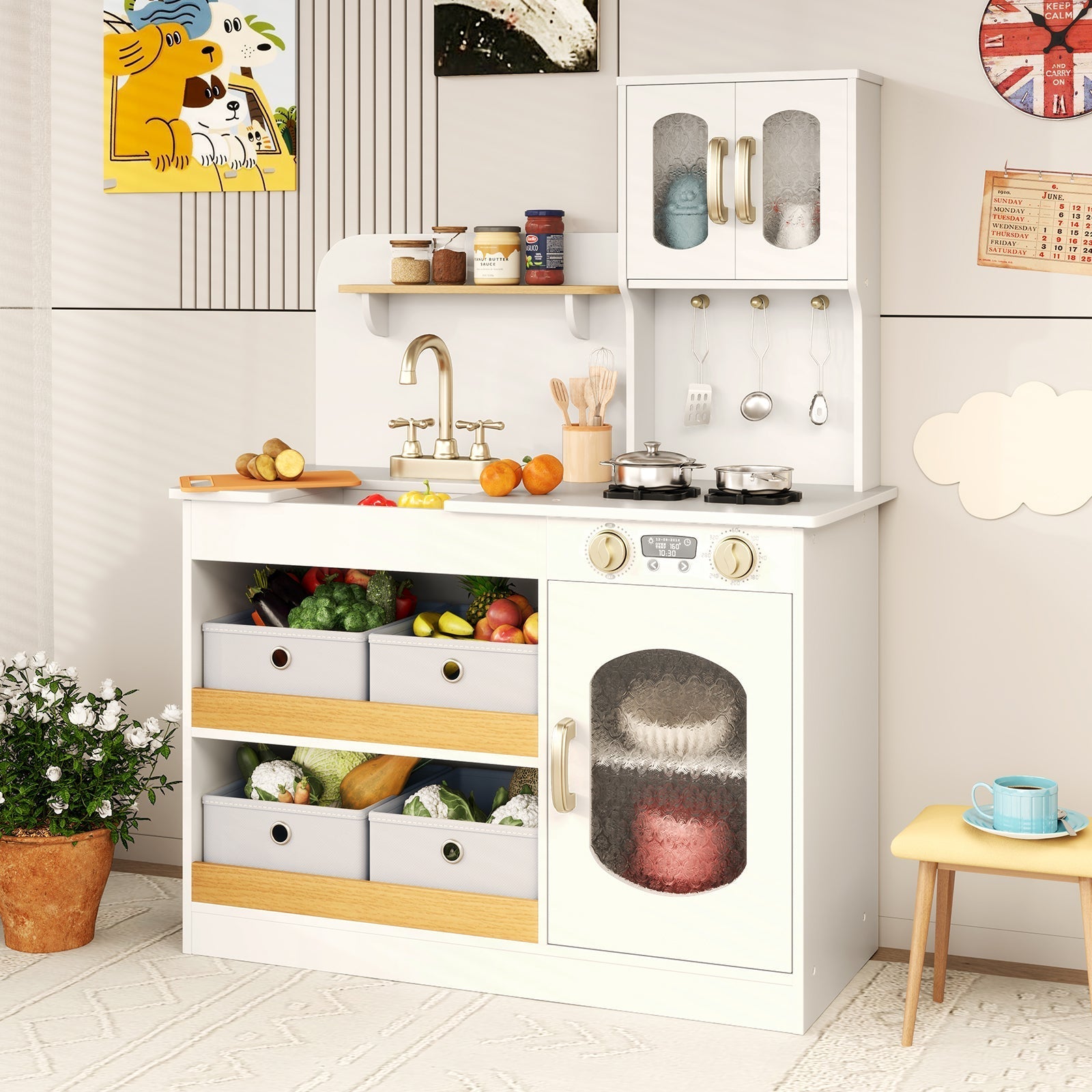 GBruno Kids Kitchen Playset with Cooking Accessories and Toy Cuttable Veggies-White GBruno Store