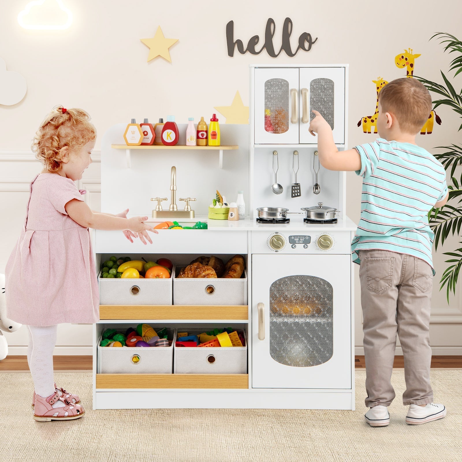 GBruno Kids Kitchen Playset with Cooking Accessories and Toy Cuttable Veggies-White GBruno Store