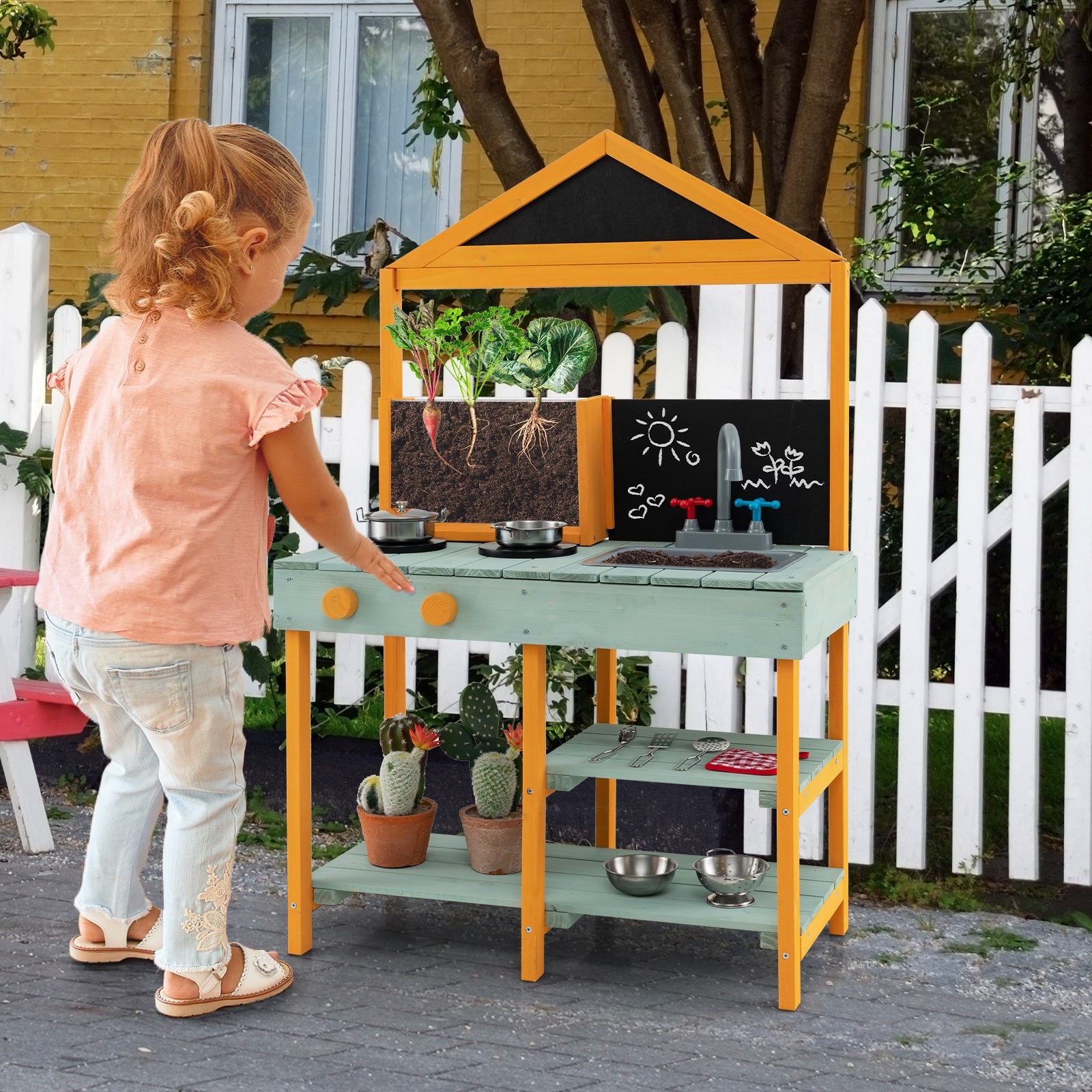 GBruno Kids Kitchen Playset with Root Viewer Planter and Rotatable Faucet