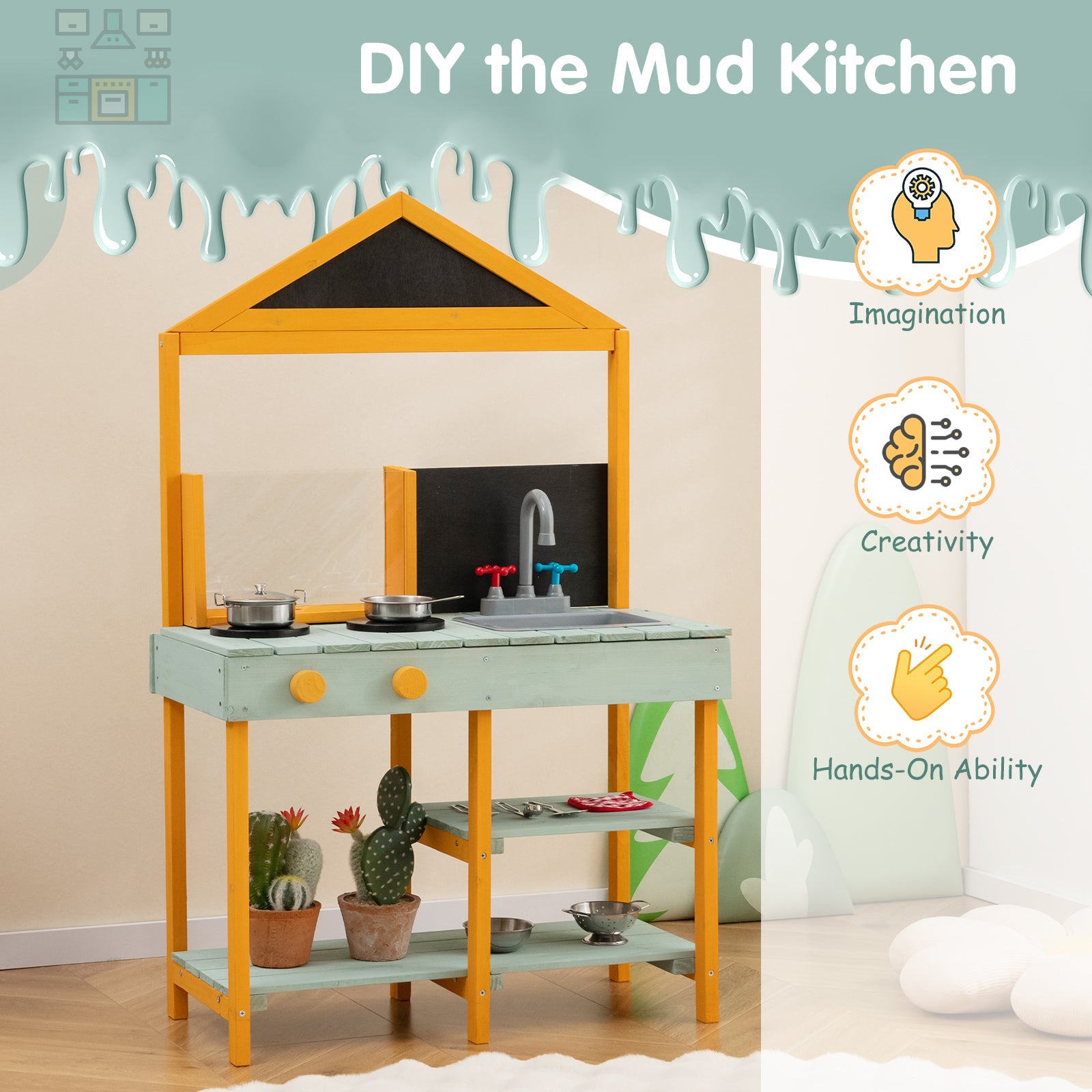 GBruno Kids Kitchen Playset with Root Viewer Planter and Rotatable Faucet