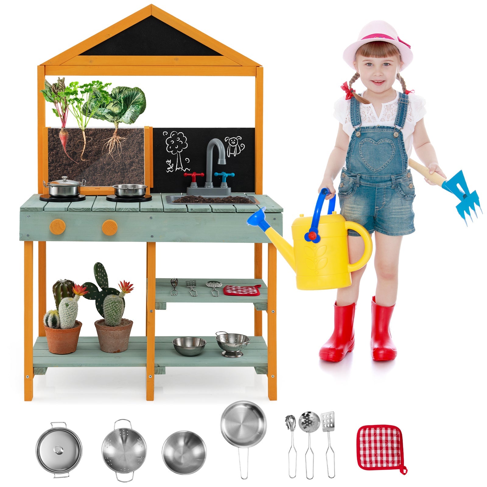 GBruno Kids Kitchen Playset with Root Viewer Planter and Rotatable Faucet