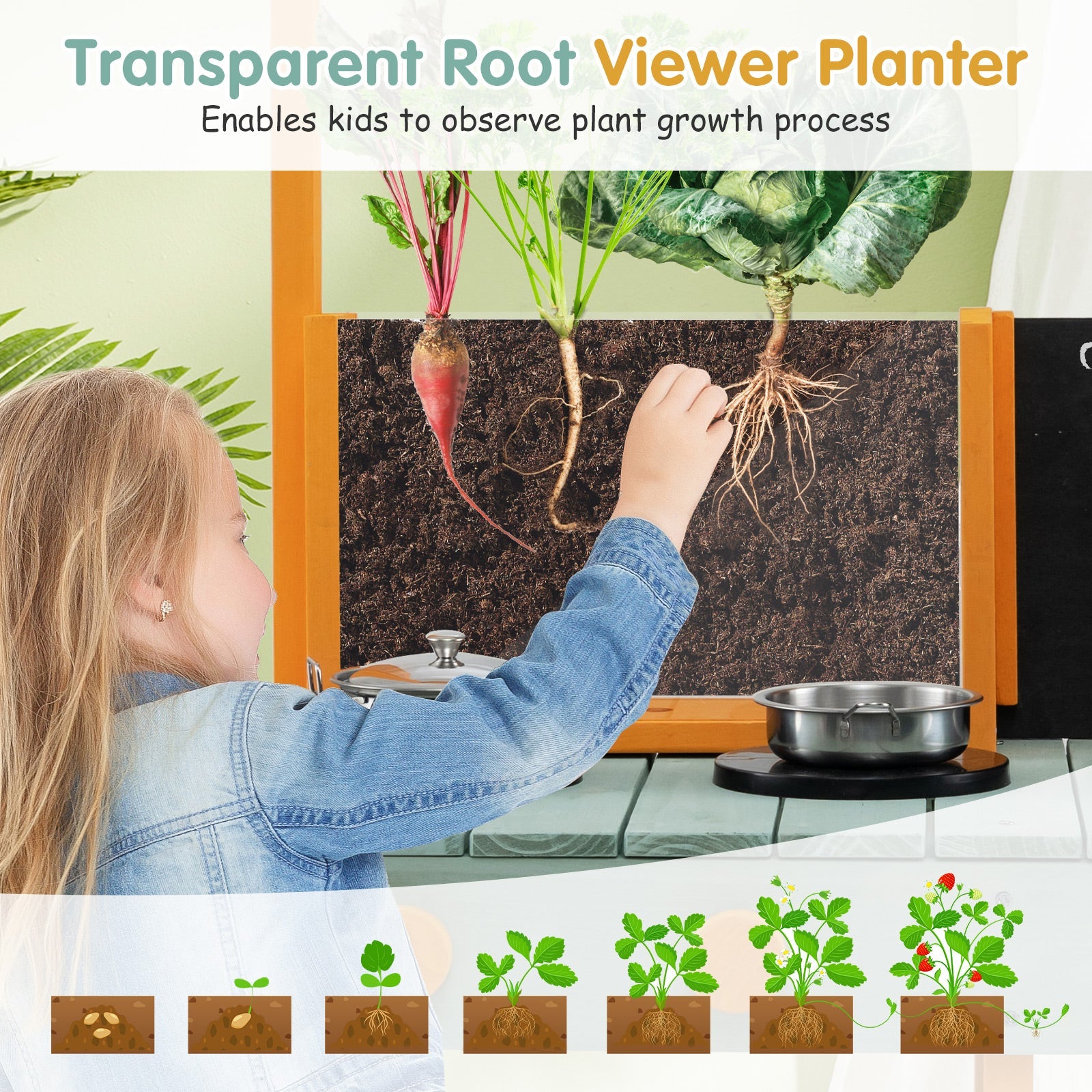 GBruno Kids Kitchen Playset with Root Viewer Planter and Rotatable Faucet