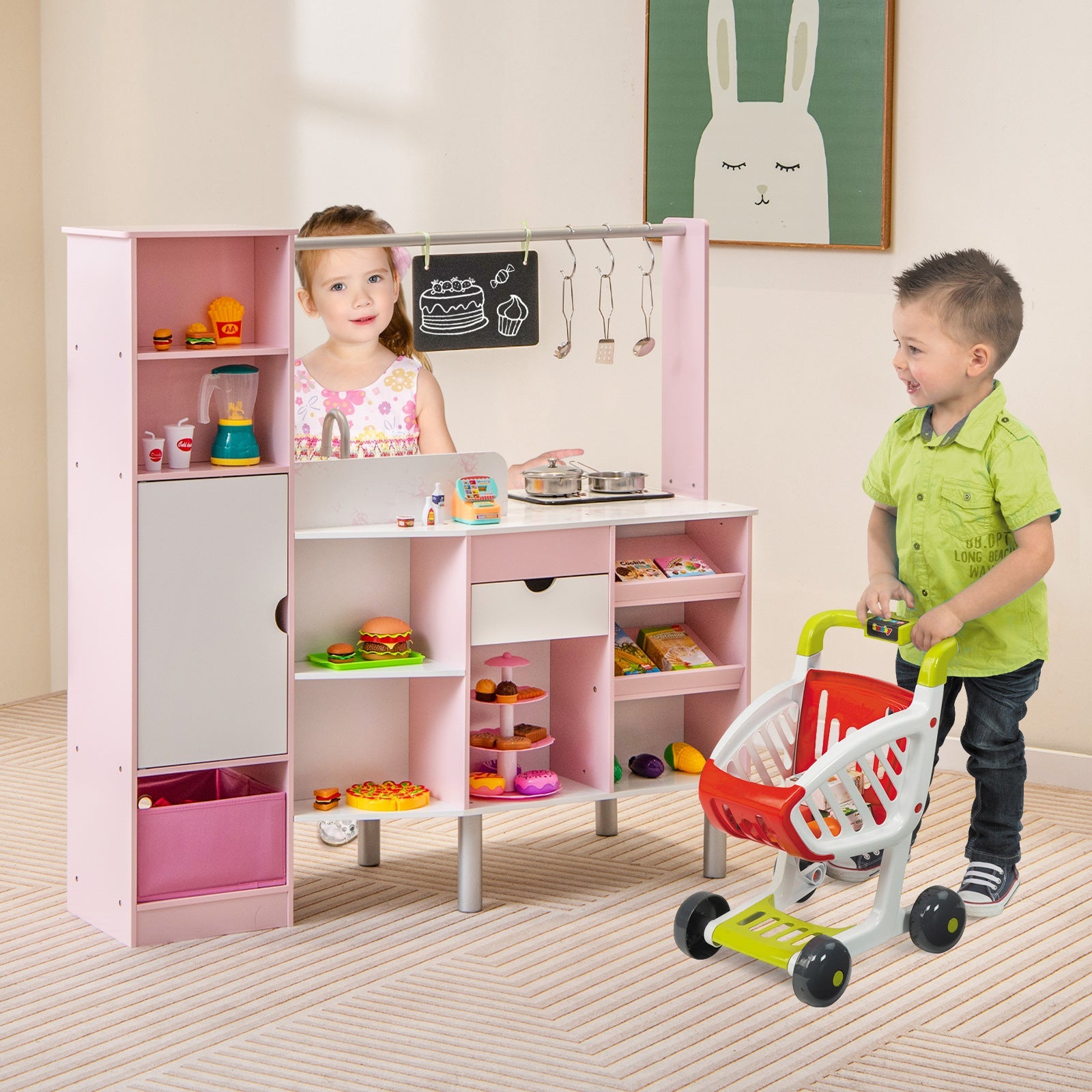 GBruno 2-in-1 Double-sided Kids Kitchen and Market with Realistic Light and Sound-Pink