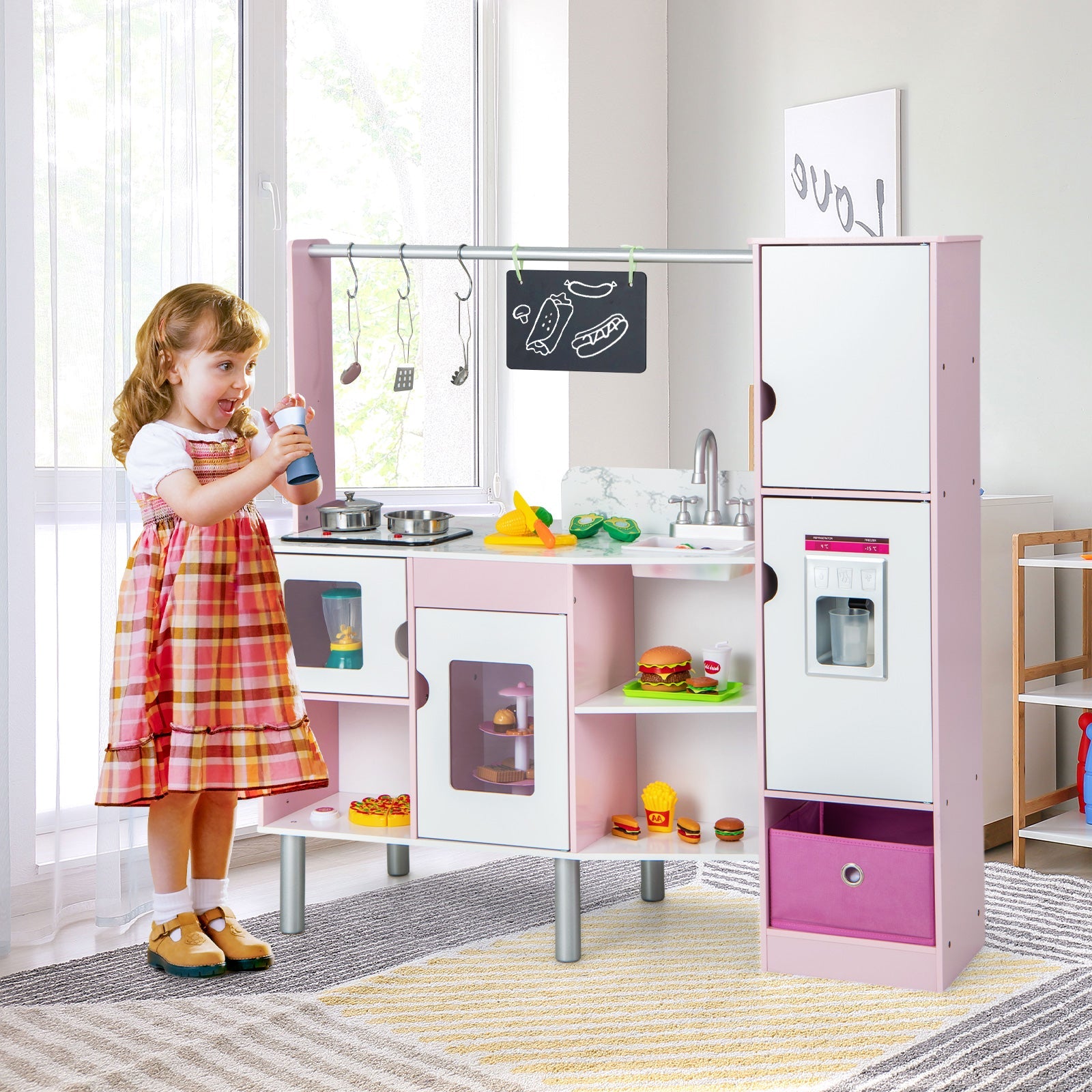 GBruno 2-in-1 Double-sided Kids Kitchen and Market with Realistic Light and Sound-Pink