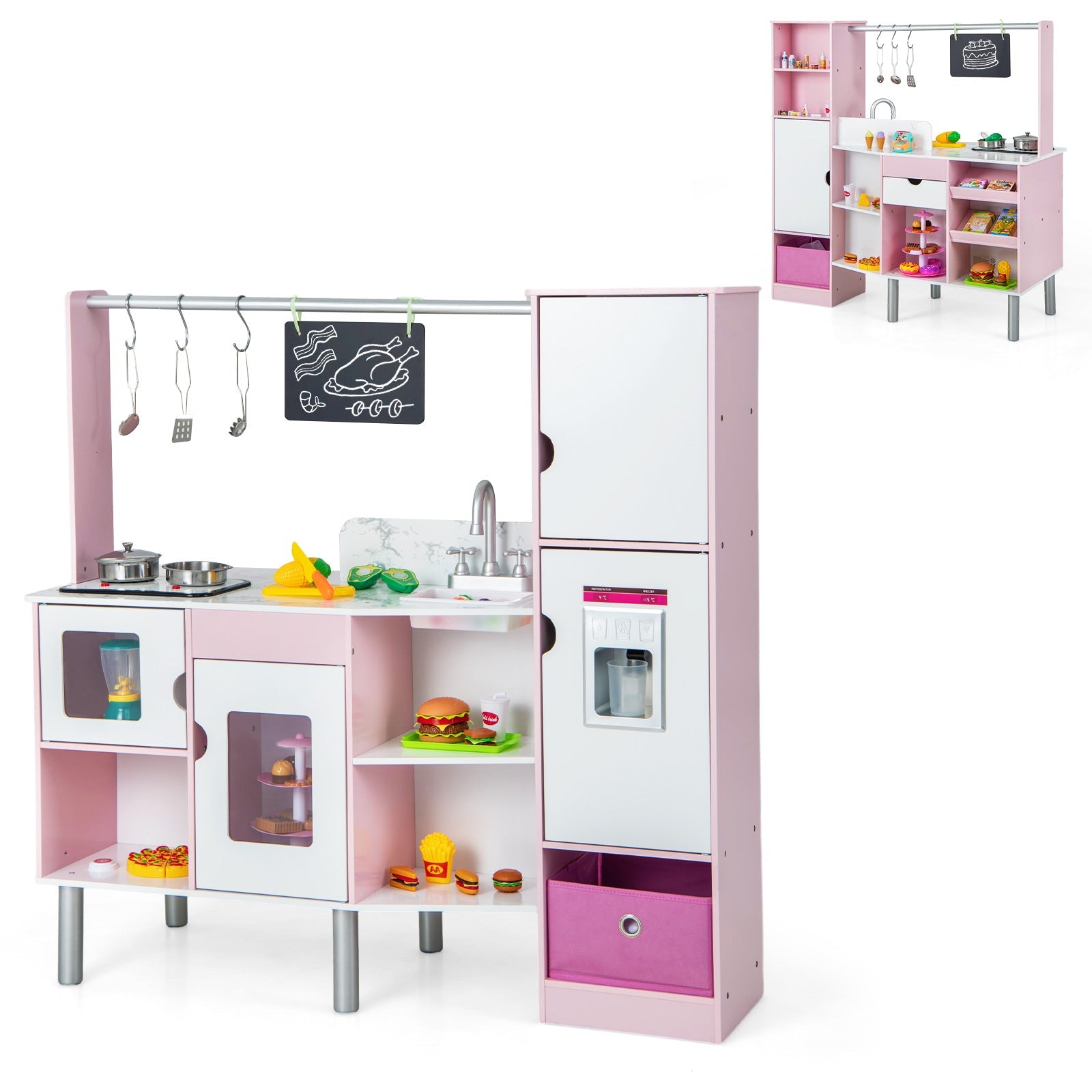 GBruno 2-in-1 Double-sided Kids Kitchen and Market with Realistic Light and Sound-Pink