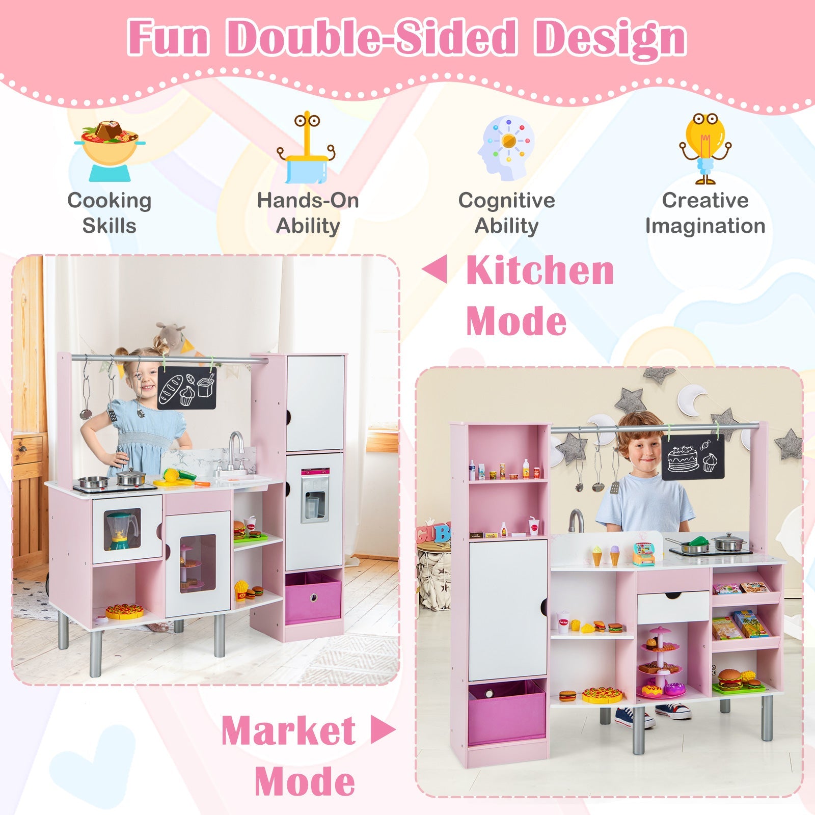GBruno 2-in-1 Double-sided Kids Kitchen and Market with Realistic Light and Sound-Pink