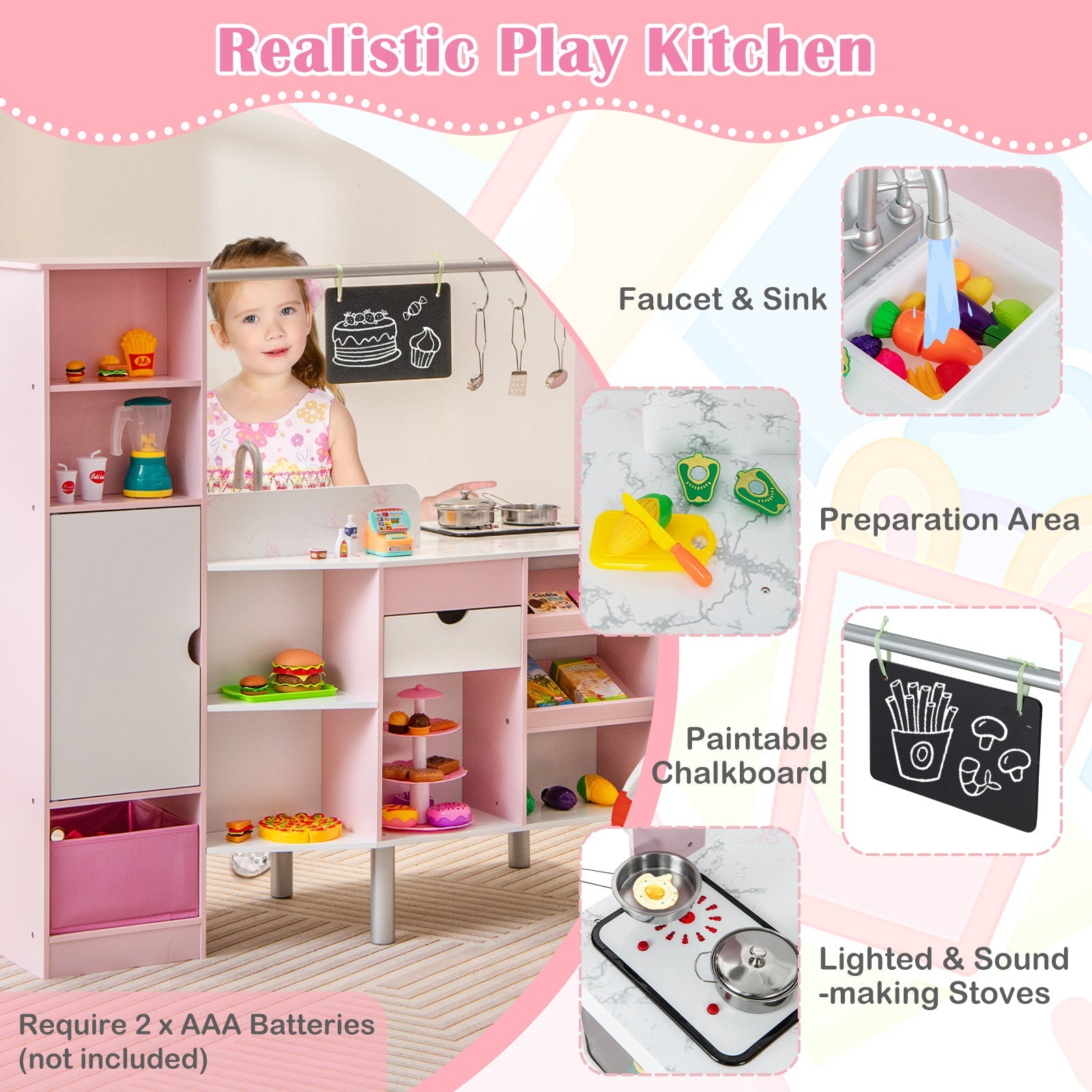 GBruno 2-in-1 Double-sided Kids Kitchen and Market with Realistic Light and Sound-Pink