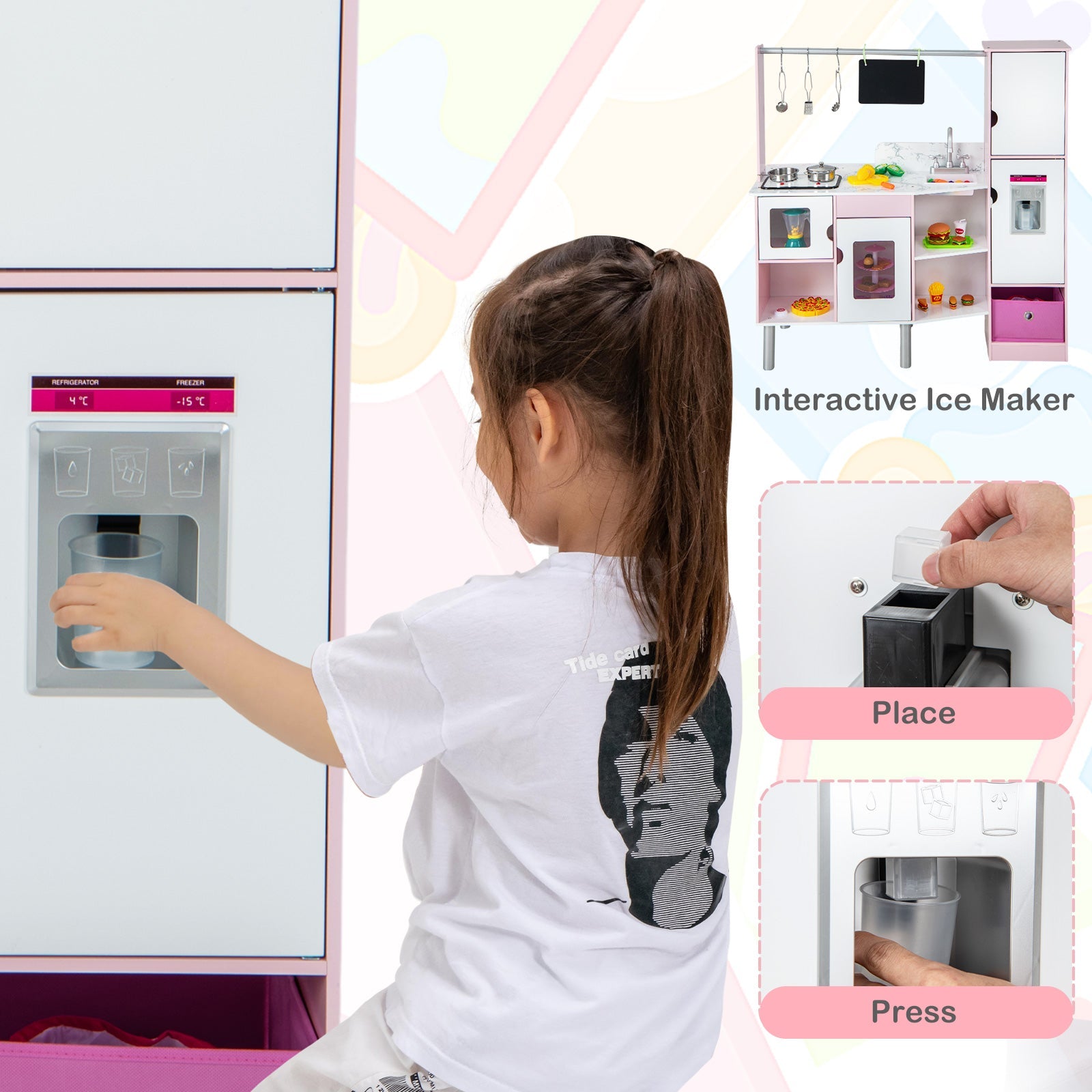 GBruno 2-in-1 Double-sided Kids Kitchen and Market with Realistic Light and Sound-Pink