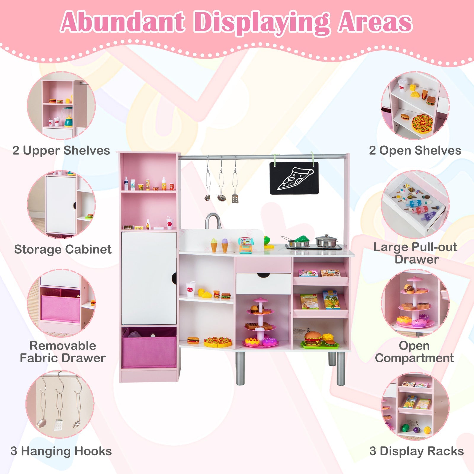 GBruno 2-in-1 Double-sided Kids Kitchen and Market with Realistic Light and Sound-Pink
