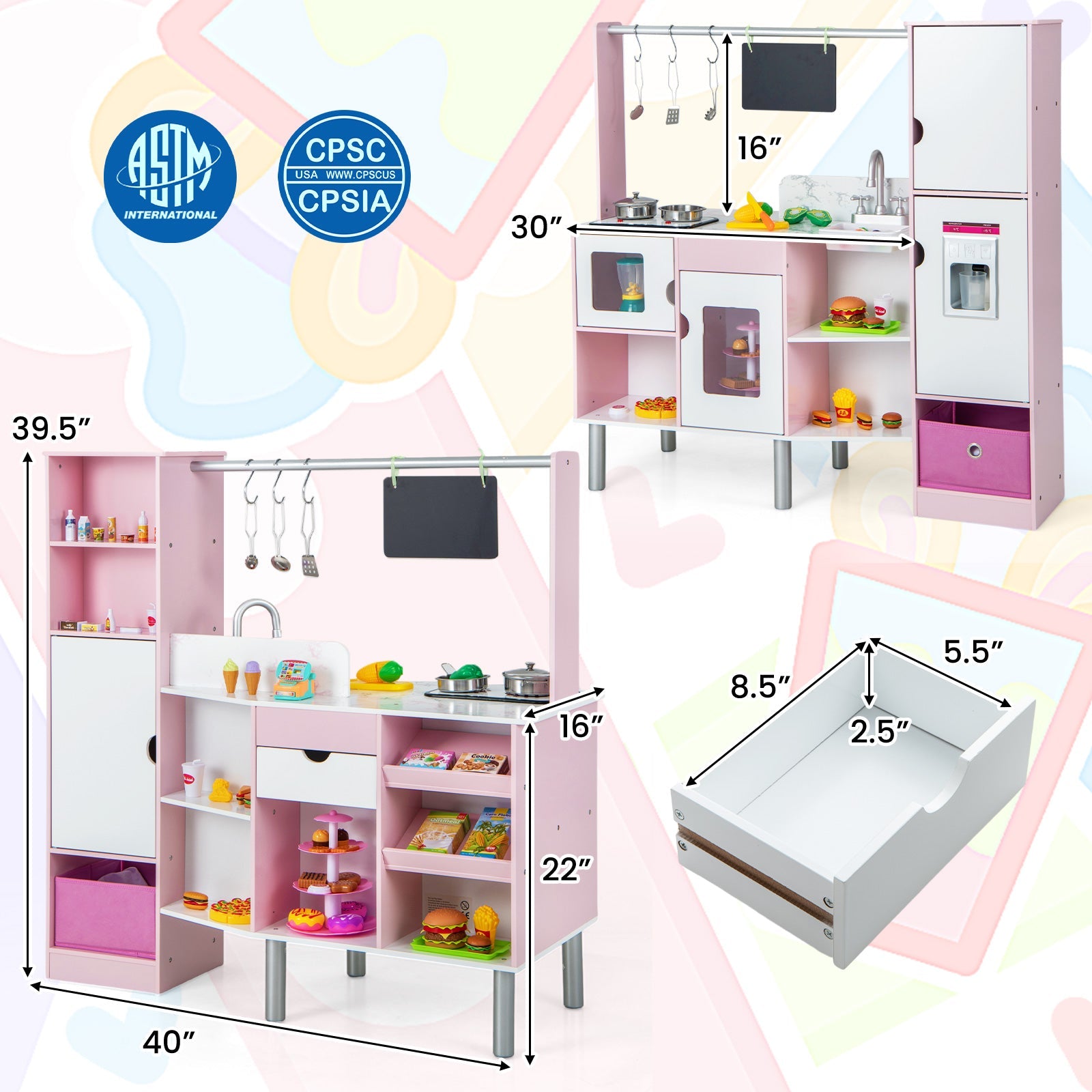 GBruno 2-in-1 Double-sided Kids Kitchen and Market with Realistic Light and Sound-Pink