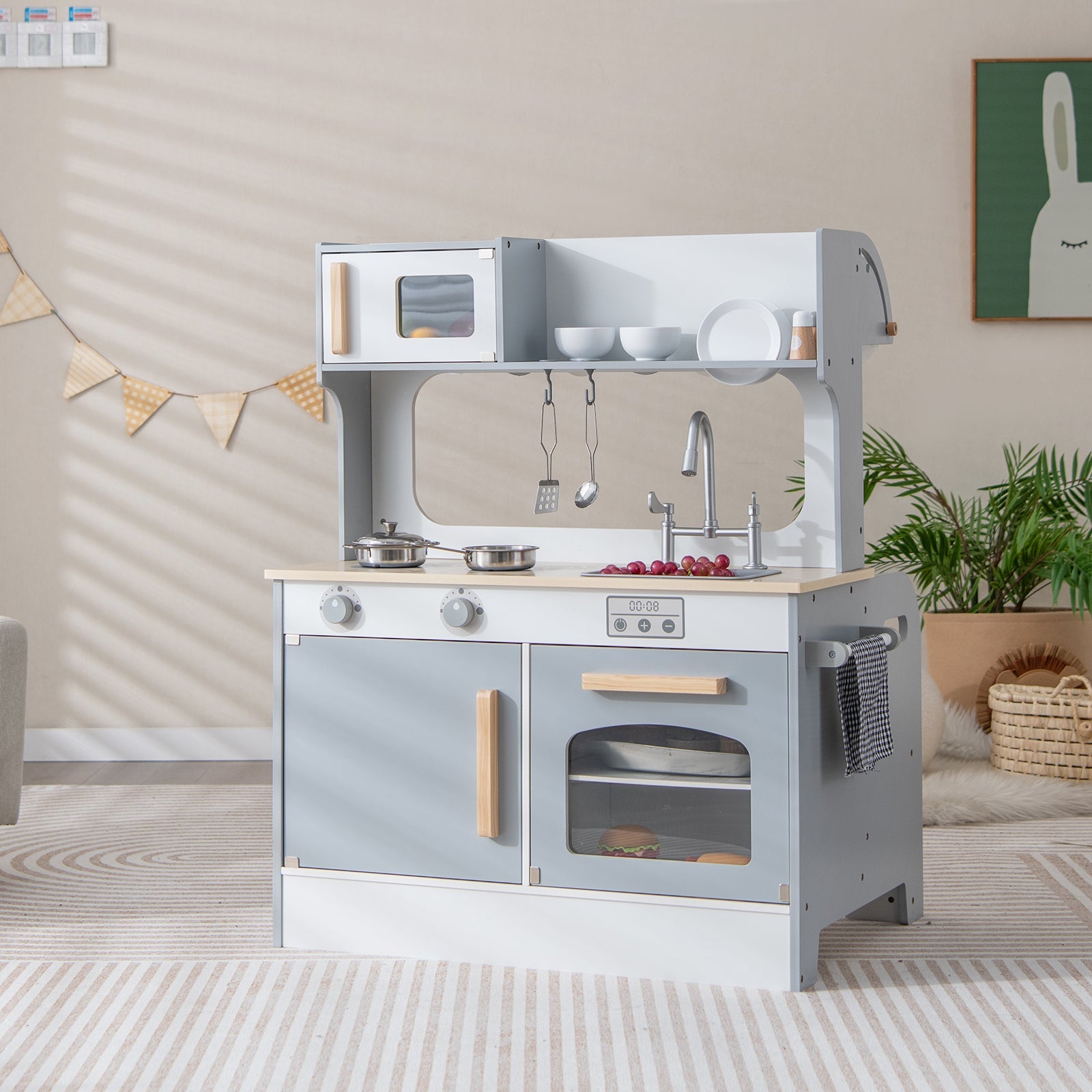 GBruno Double Sided Kids Pretend Kitchen Playset with 2-Seat Cafe-Gray