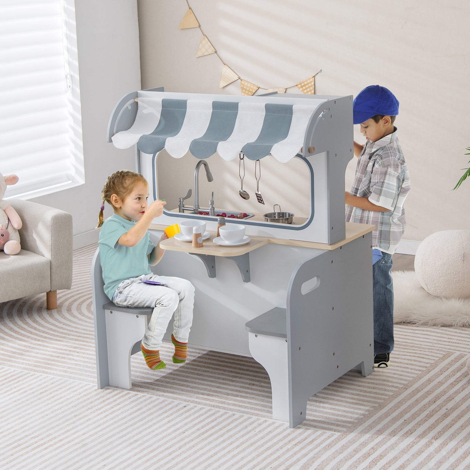 GBruno Double Sided Kids Pretend Kitchen Playset with 2-Seat Cafe-Gray