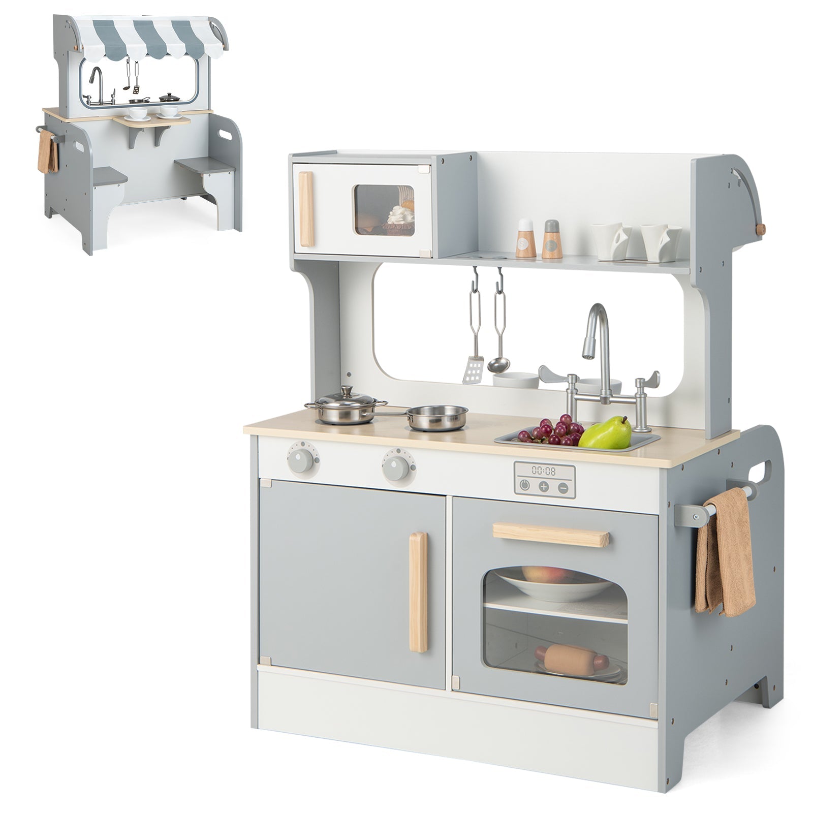 GBruno Double Sided Kids Pretend Kitchen Playset with 2-Seat Cafe-Gray