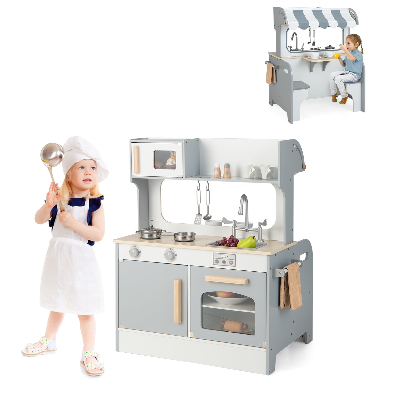 GBruno Double Sided Kids Pretend Kitchen Playset with 2-Seat Cafe-Gray