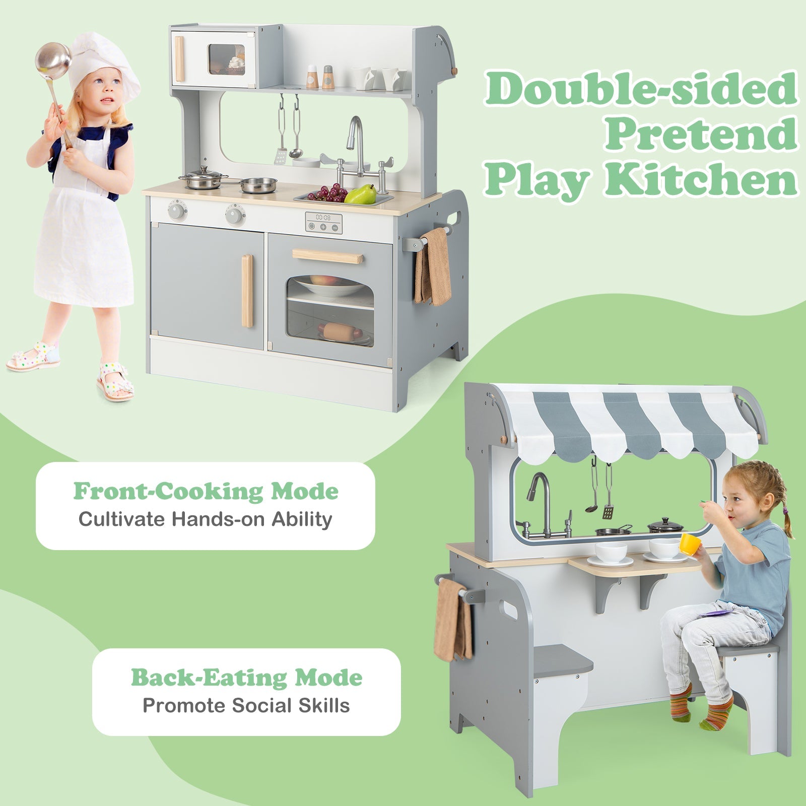 GBruno Double Sided Kids Pretend Kitchen Playset with 2-Seat Cafe-Gray