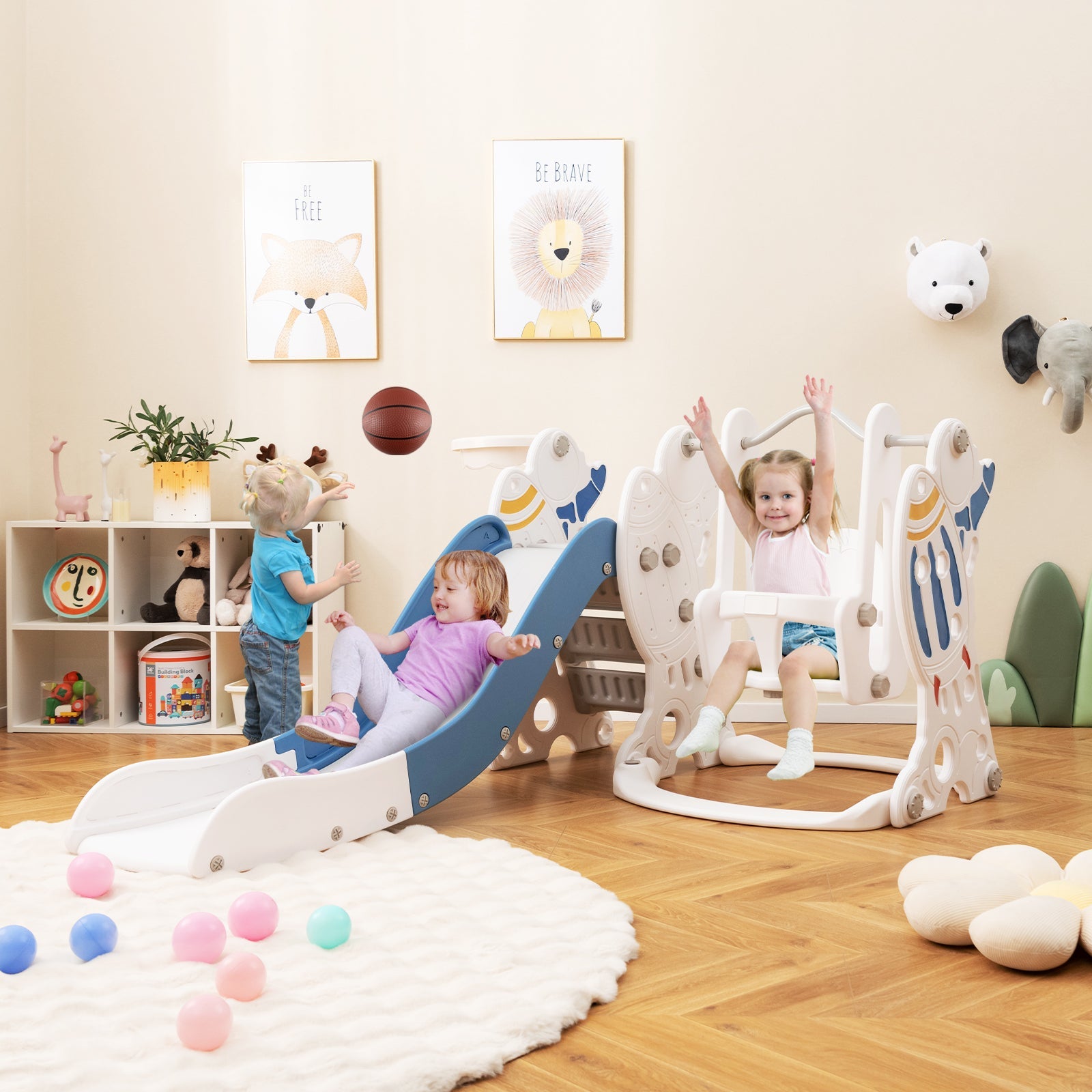 GBruno 4-in-1 Kids Slide and Swing Set with Basketball Hoop-Blue