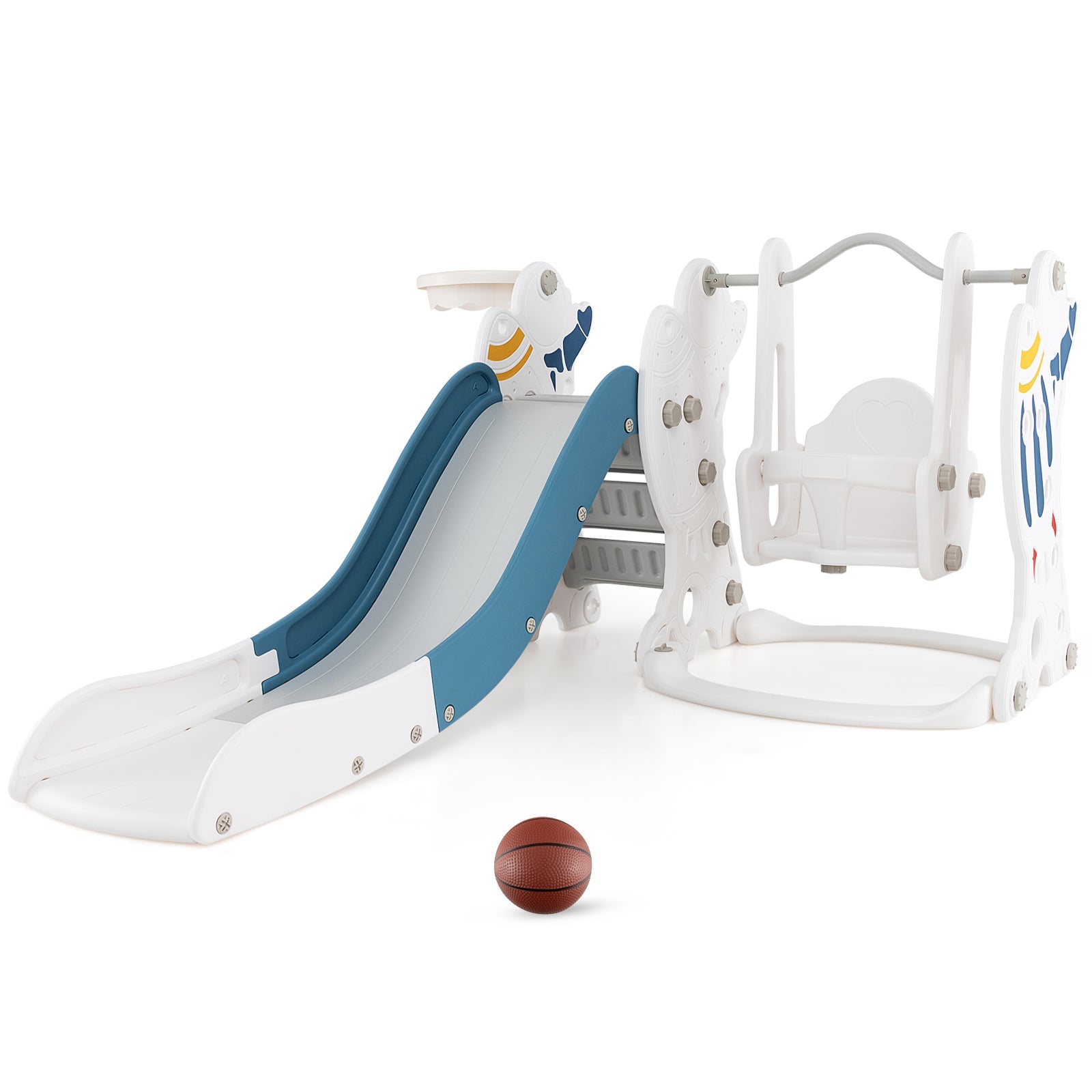 GBruno 4-in-1 Kids Slide and Swing Set with Basketball Hoop-Blue