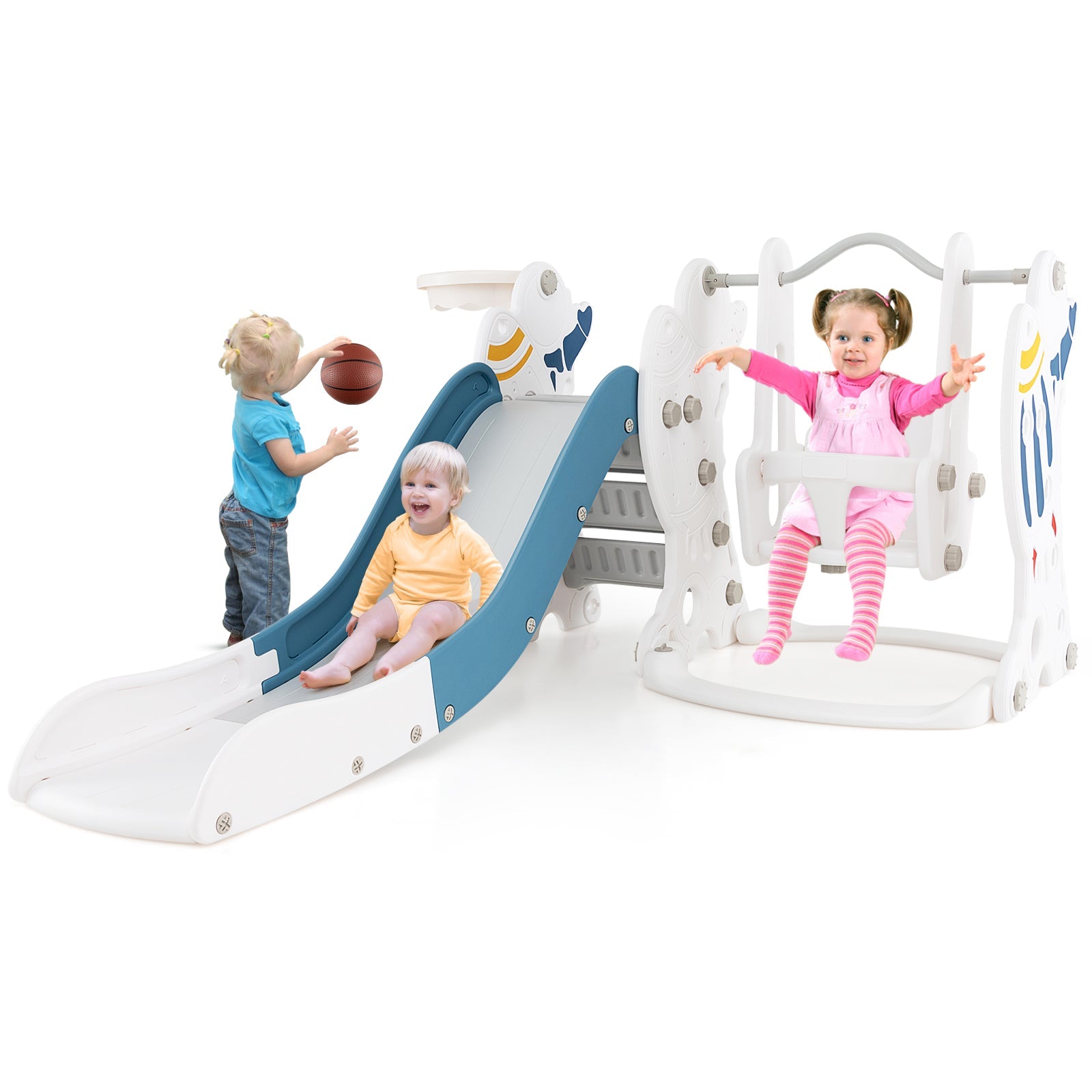 GBruno 4-in-1 Kids Slide and Swing Set with Basketball Hoop-Blue