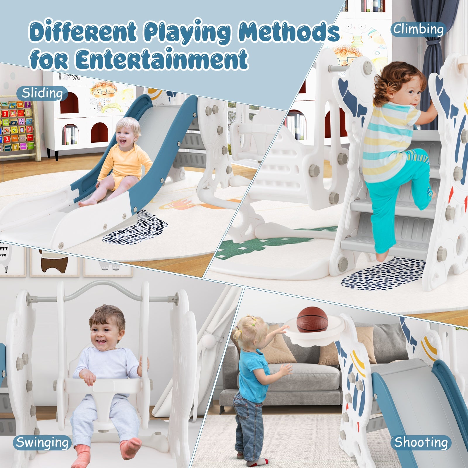 GBruno 4-in-1 Kids Slide and Swing Set with Basketball Hoop-Blue