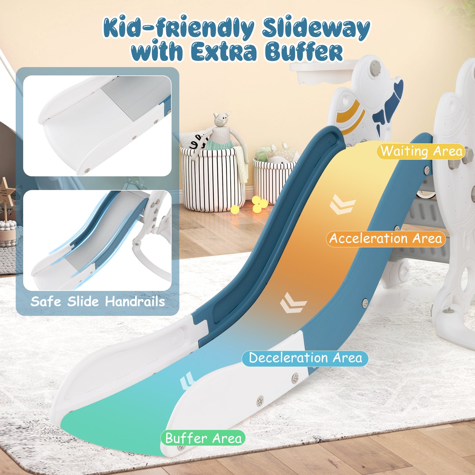 GBruno 4-in-1 Kids Slide and Swing Set with Basketball Hoop-Blue