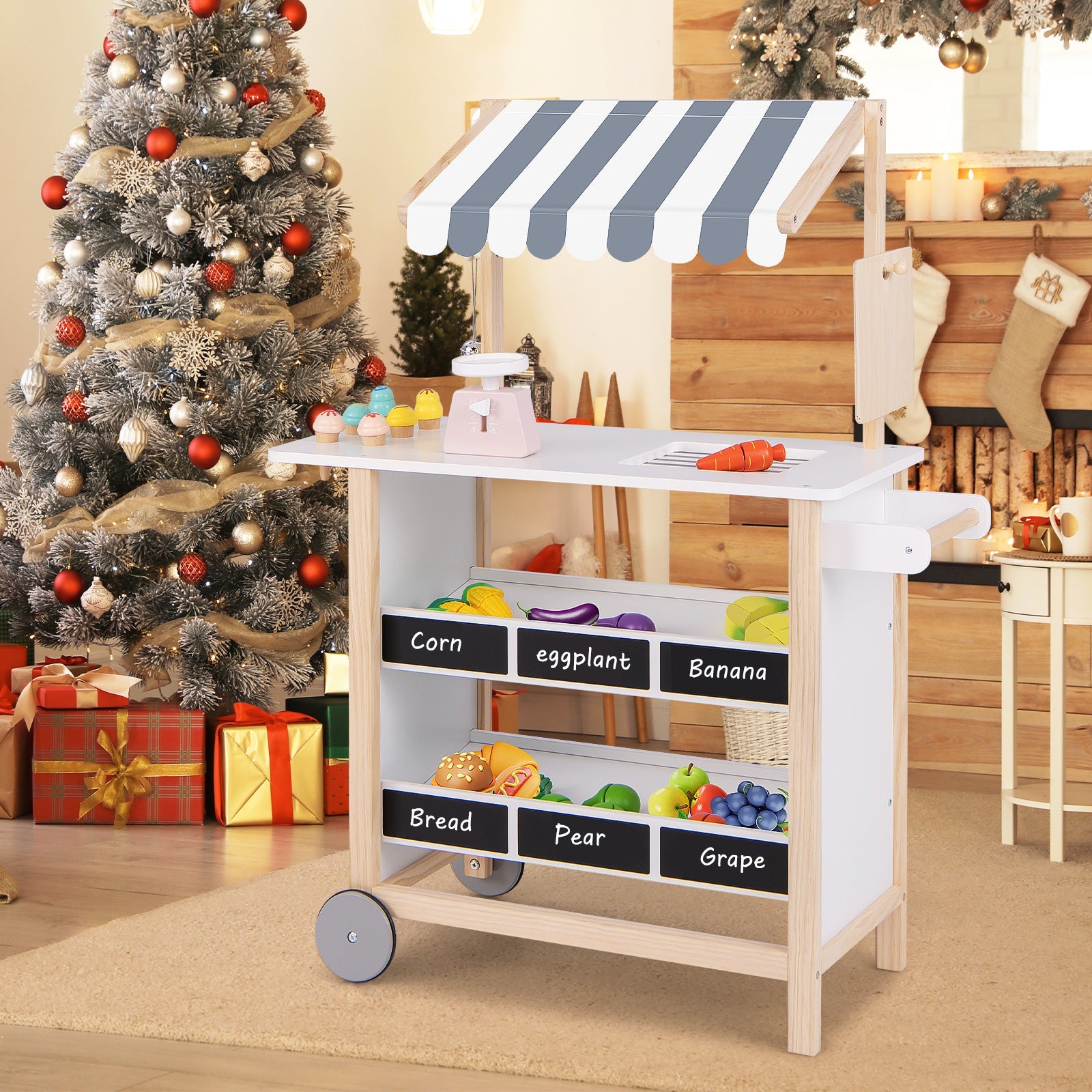 GBruno Kids Wooden Ice Cream Cart with Chalkboard and Storage for over 3 Years Old-White