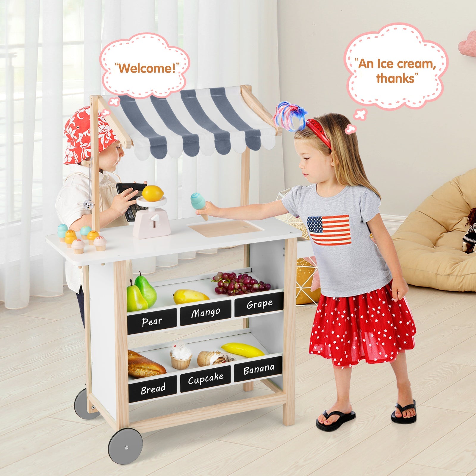 GBruno Kids Wooden Ice Cream Cart with Chalkboard and Storage for over 3 Years Old-White
