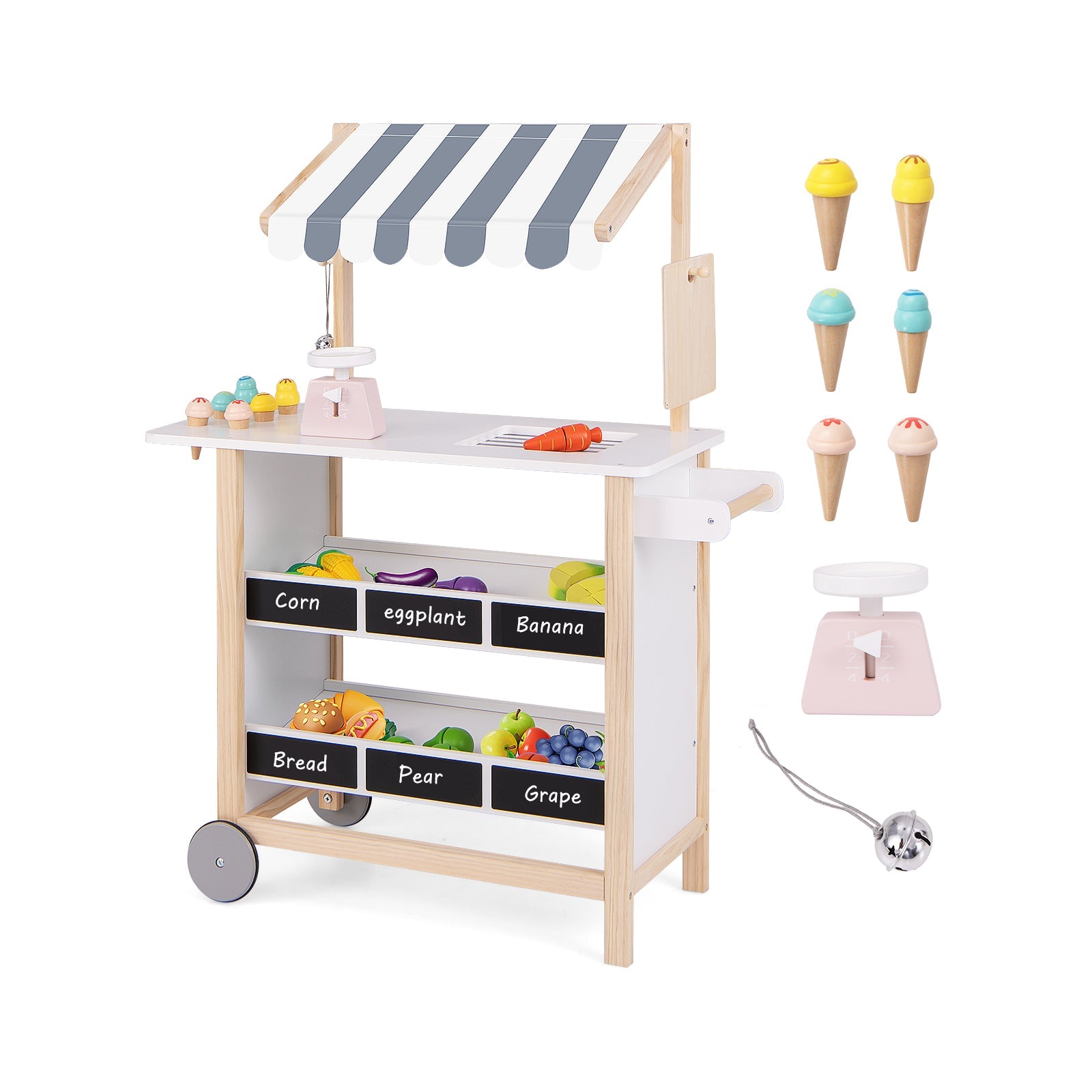 GBruno Kids Wooden Ice Cream Cart with Chalkboard and Storage for over 3 Years Old-White