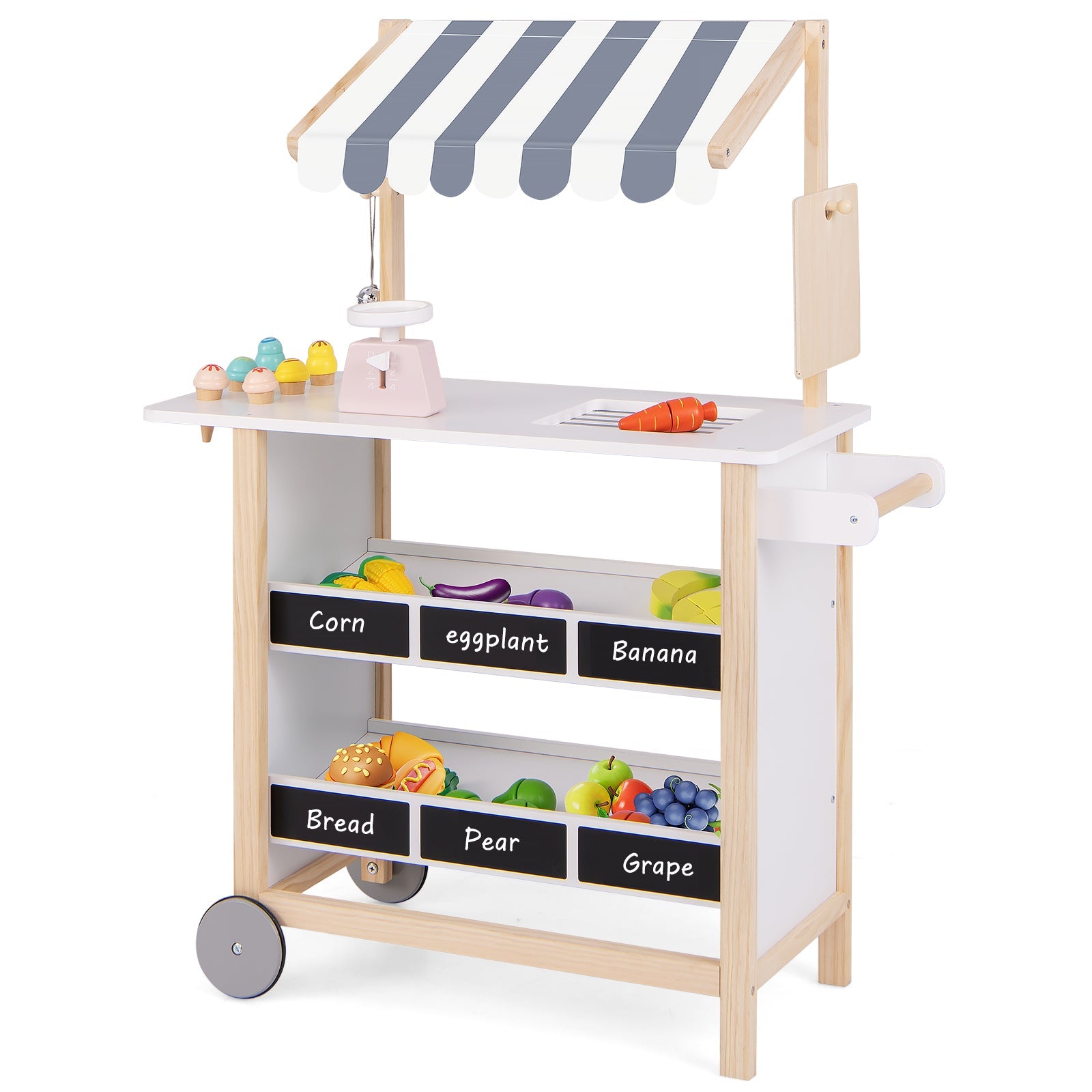 GBruno Kids Wooden Ice Cream Cart with Chalkboard and Storage for over 3 Years Old-White