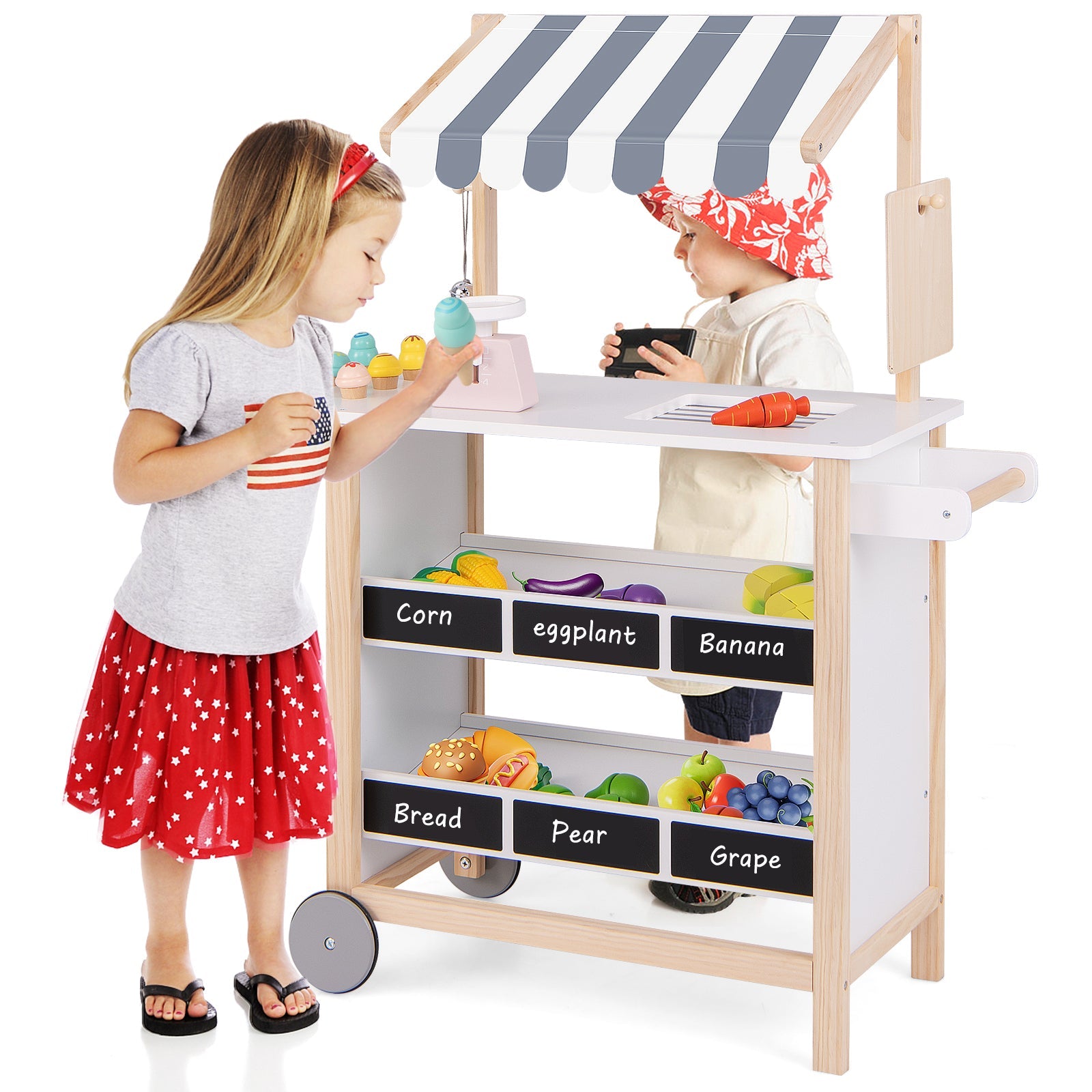 GBruno Kids Wooden Ice Cream Cart with Chalkboard and Storage for over 3 Years Old-White