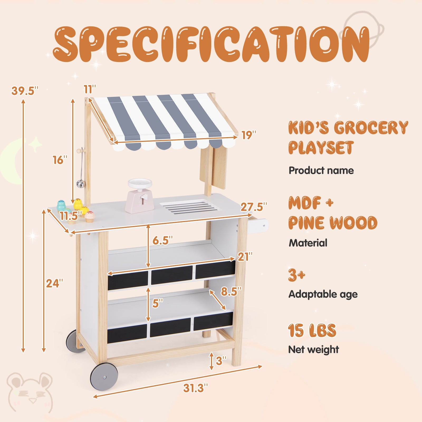 GBruno Kids Wooden Ice Cream Cart with Chalkboard and Storage for over 3 Years Old-White
