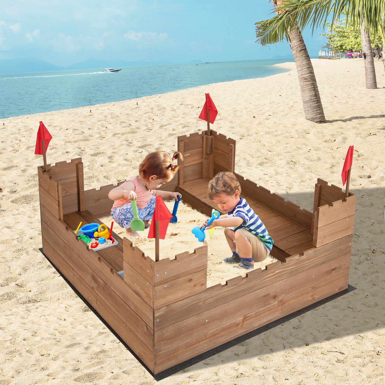 GBruno Kids Wooden Sandbox with Bottom Liner and Red Flags