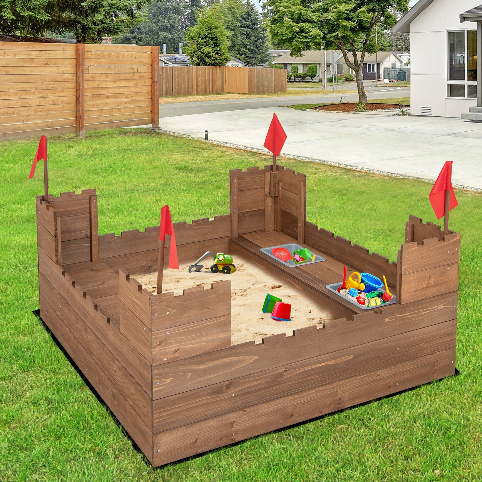 GBruno Kids Wooden Sandbox with Bottom Liner and Red Flags