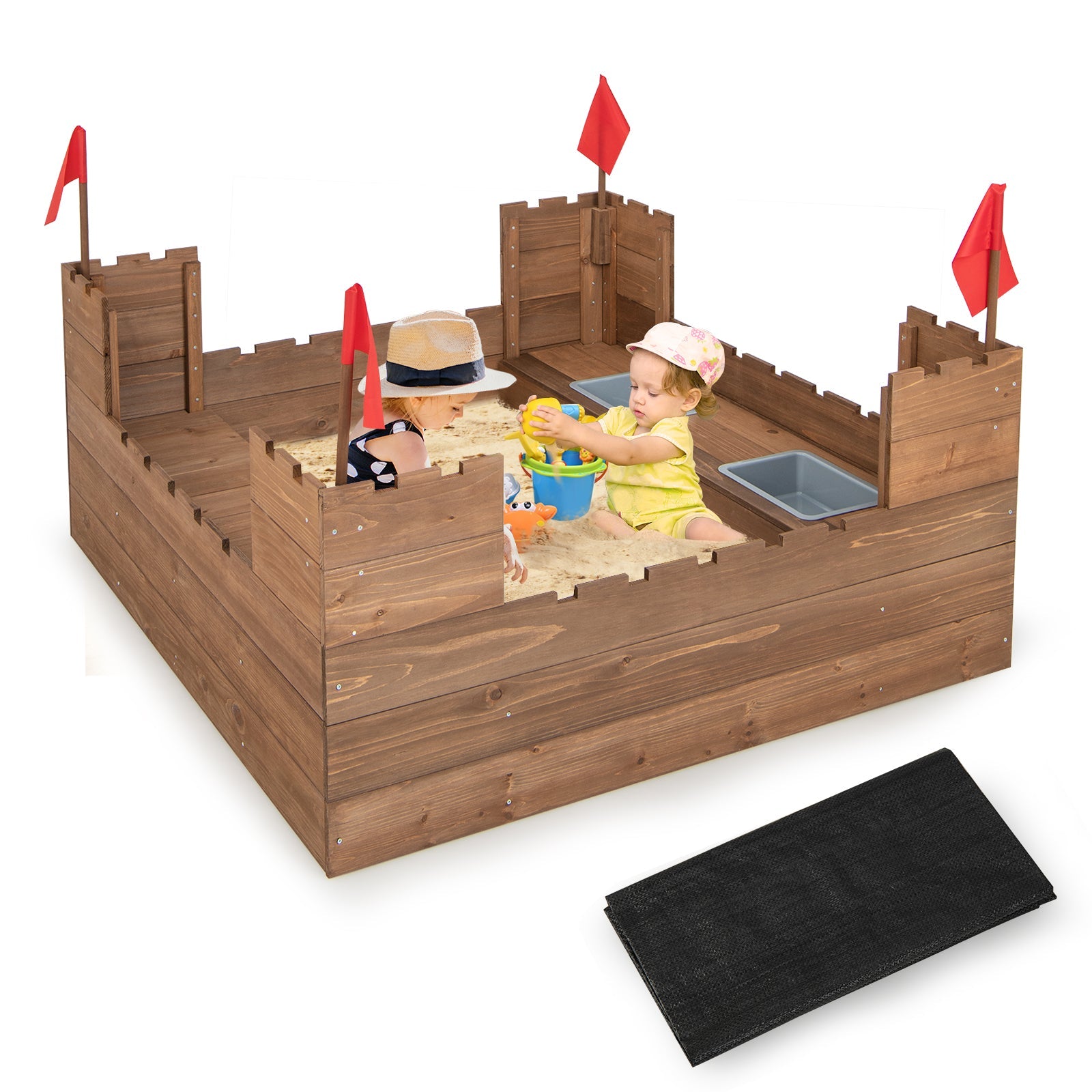 GBruno Kids Wooden Sandbox with Bottom Liner and Red Flags