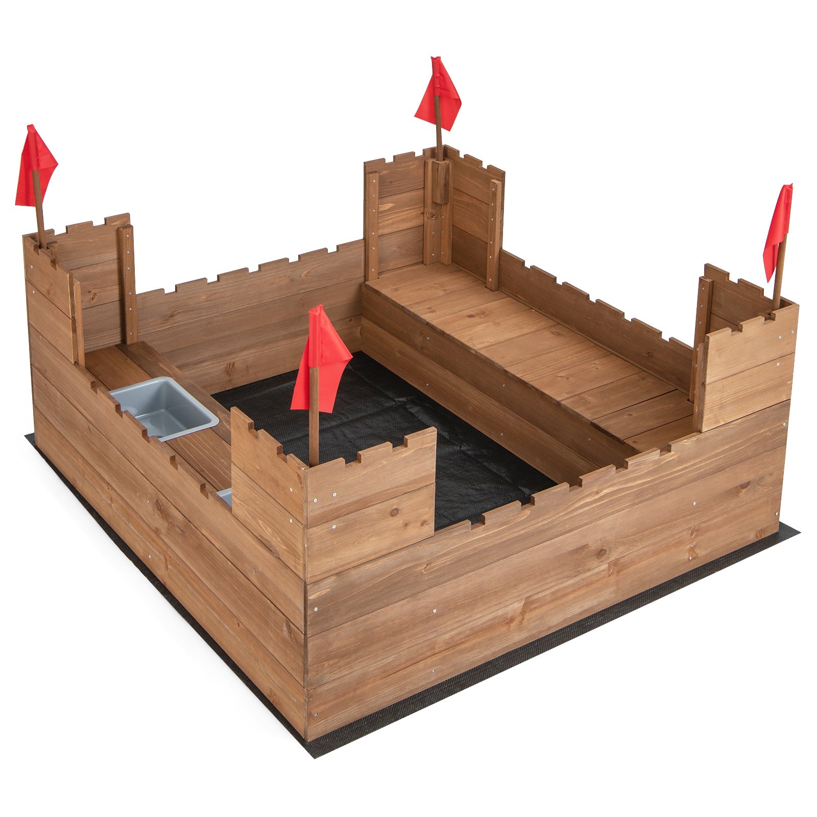 GBruno Kids Wooden Sandbox with Bottom Liner and Red Flags