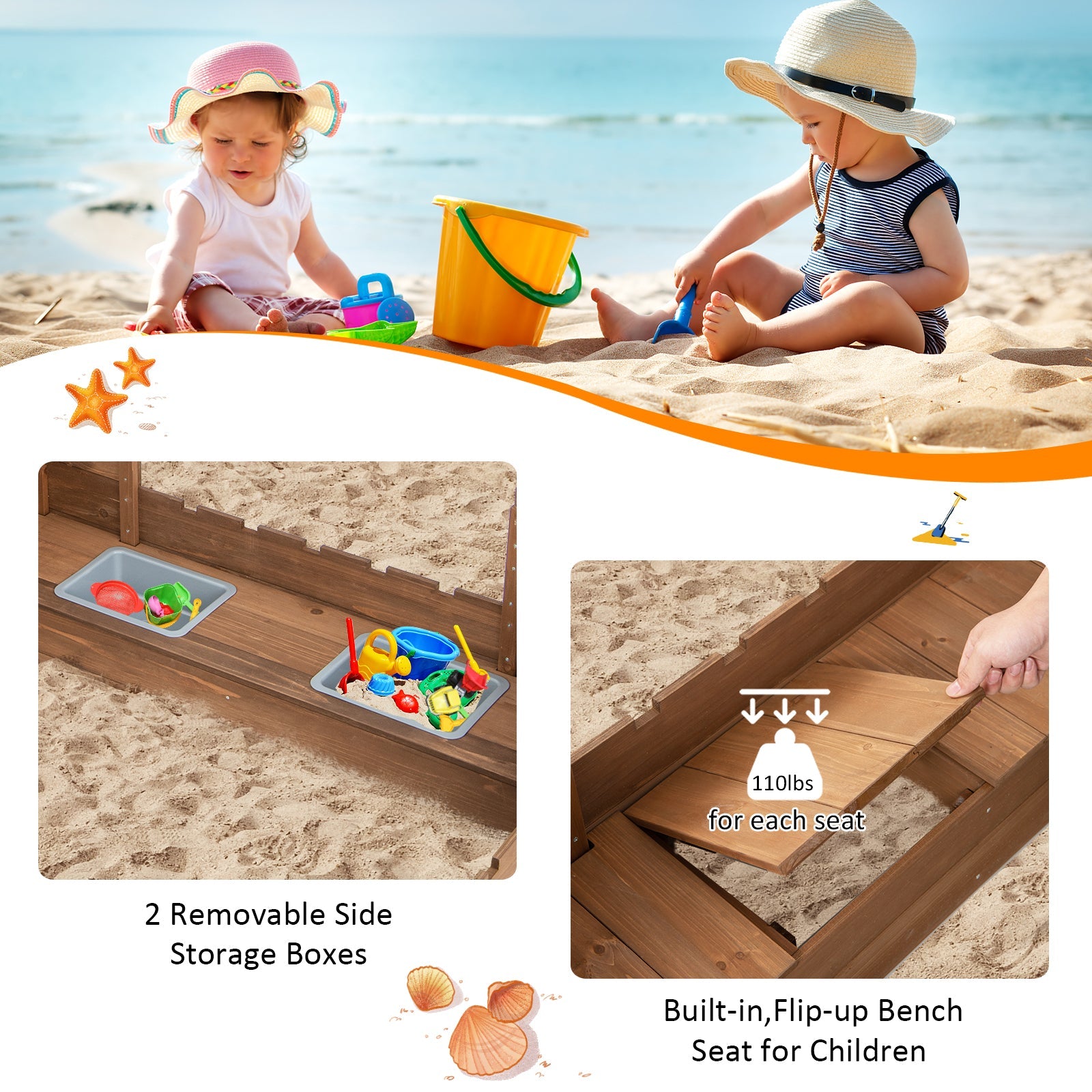 GBruno Kids Wooden Sandbox with Bottom Liner and Red Flags