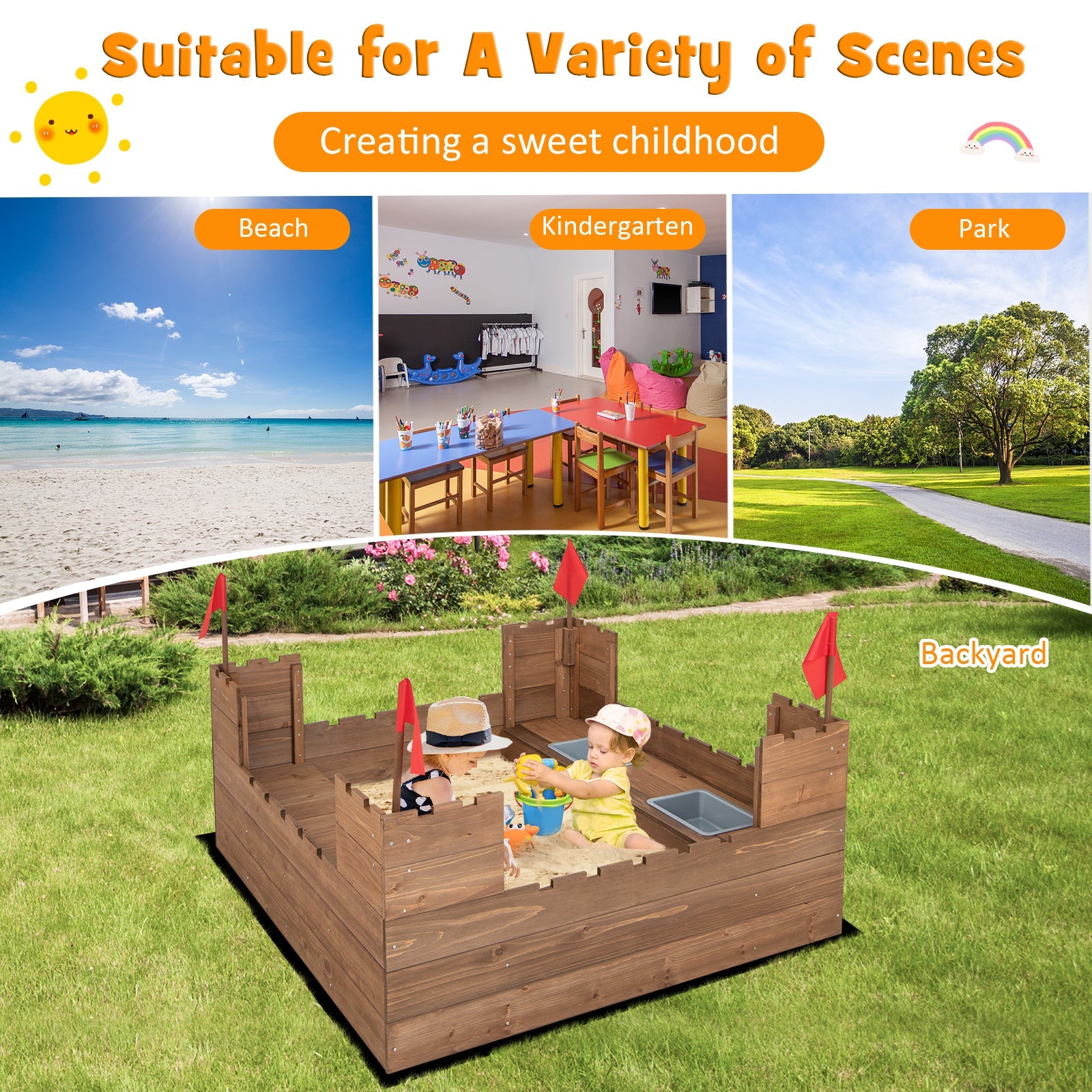 GBruno Kids Wooden Sandbox with Bottom Liner and Red Flags