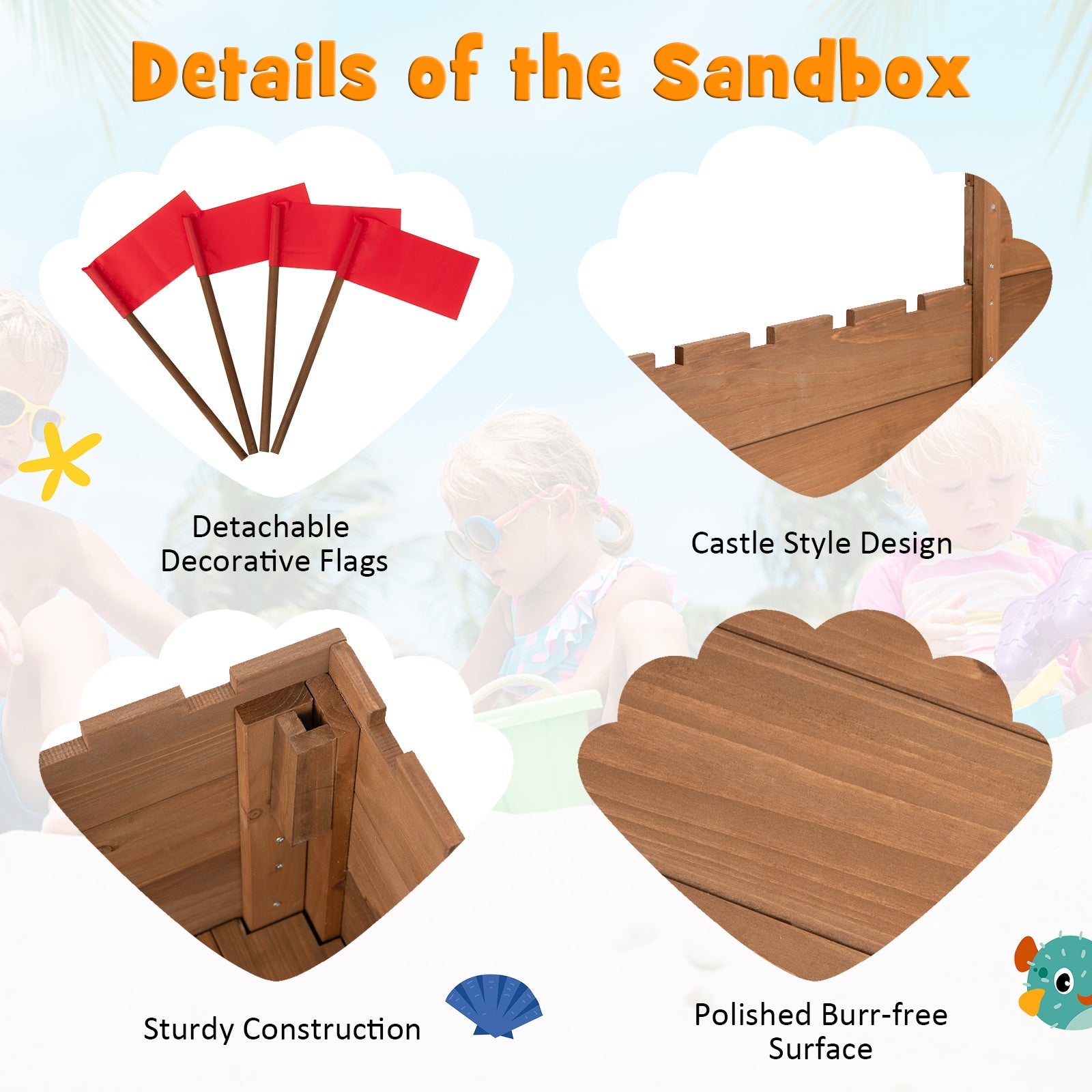GBruno Kids Wooden Sandbox with Bottom Liner and Red Flags