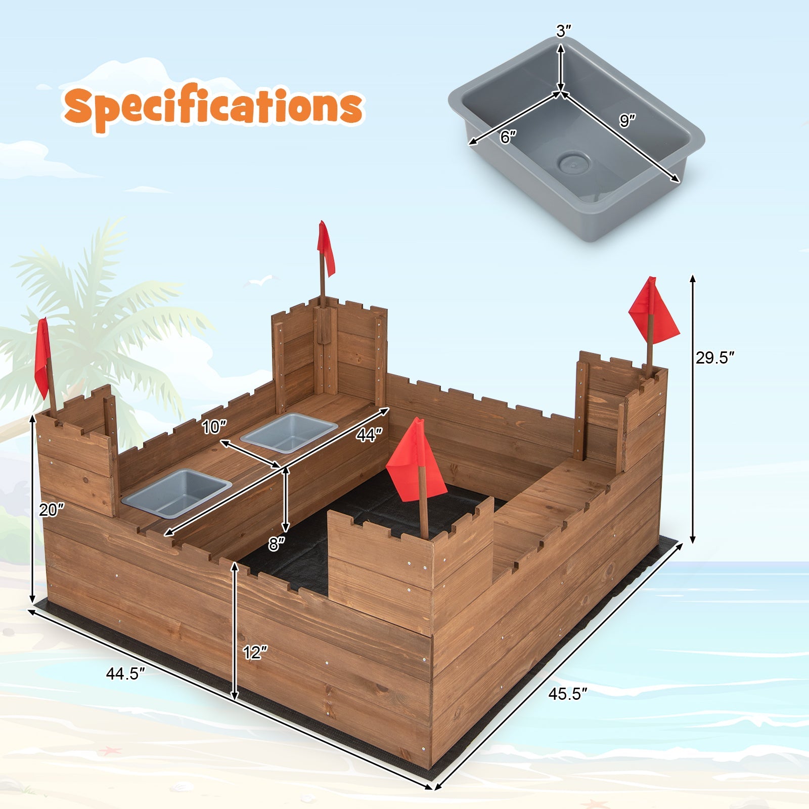 GBruno Kids Wooden Sandbox with Bottom Liner and Red Flags