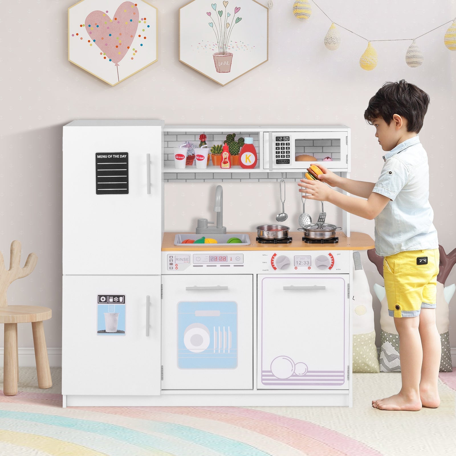 GBruno Toddler Pretend Play Kitchen Toy with Stove for 3+ Boys and Girls-White