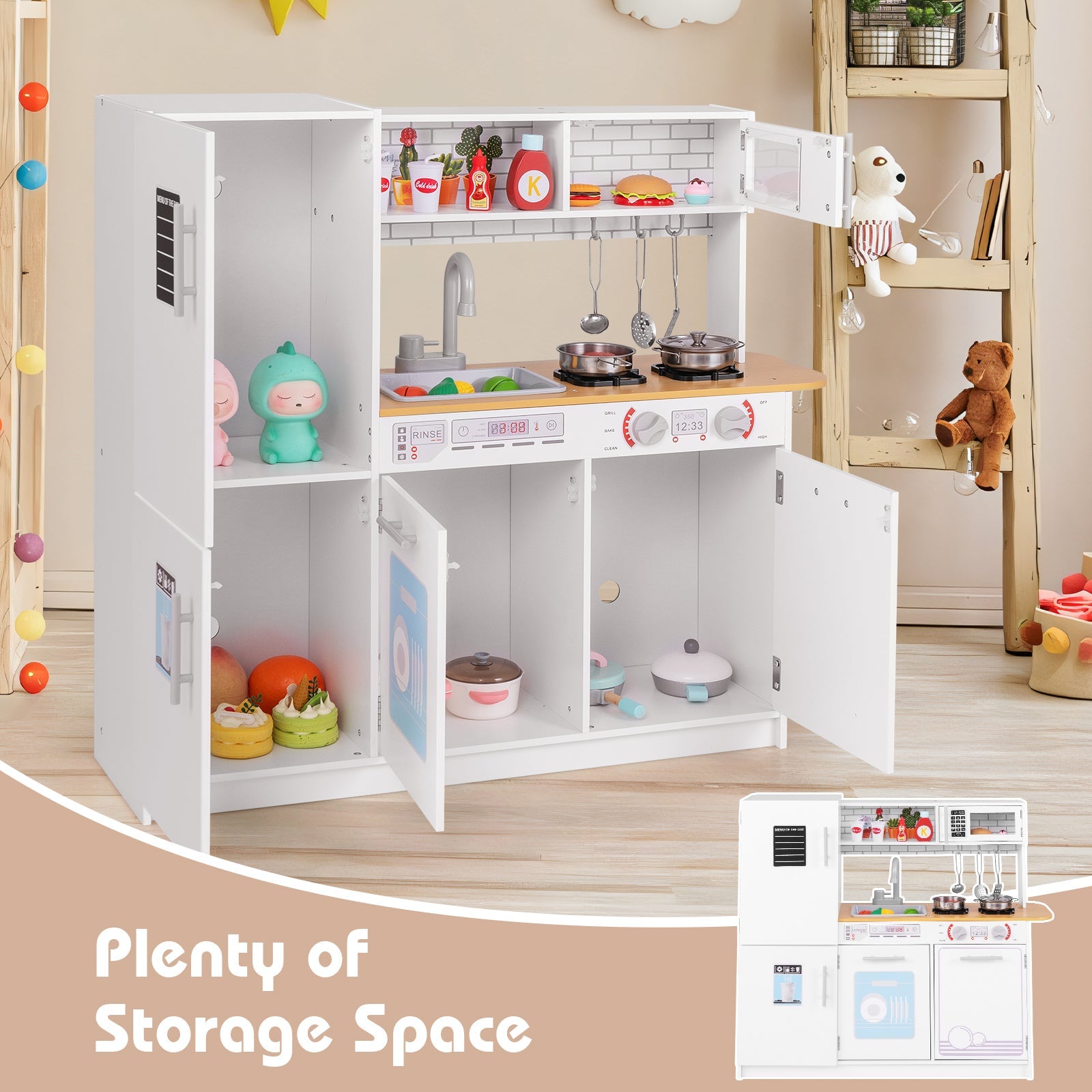 GBruno Toddler Pretend Play Kitchen Toy with Stove for 3+ Boys and Girls-White