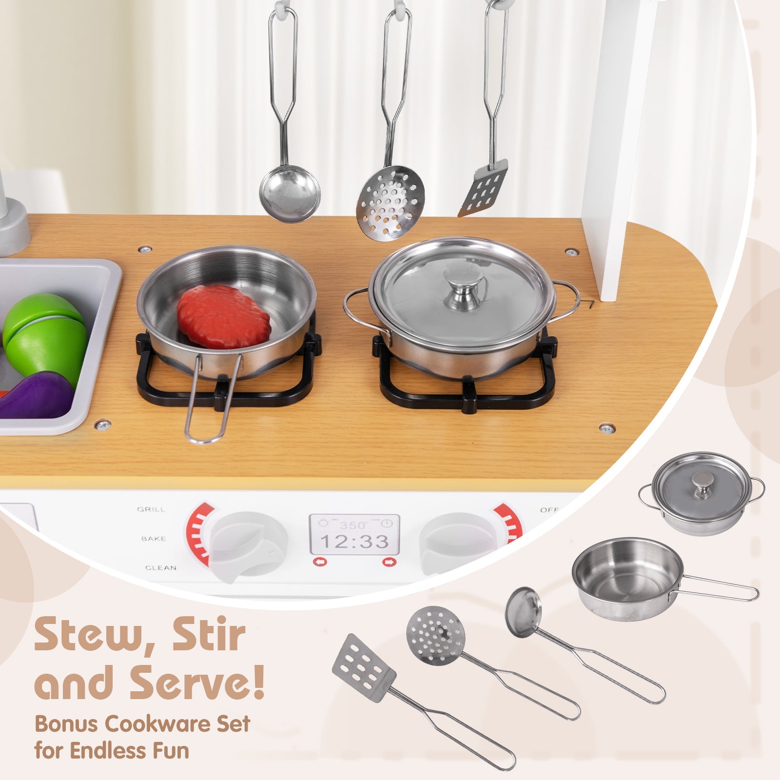 GBruno Toddler Pretend Play Kitchen Toy with Stove for 3+ Boys and Girls-White