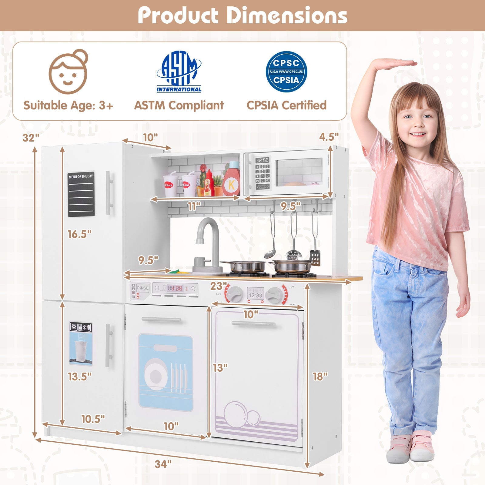 GBruno Toddler Pretend Play Kitchen Toy with Stove for 3+ Boys and Girls-White