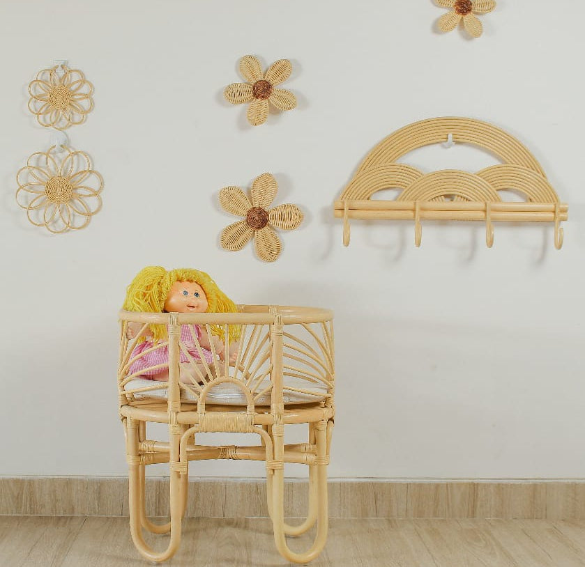 Lullaby Rattan Pretend Play Doll Crib – Handmade Toy Bassinet for Girls Toys