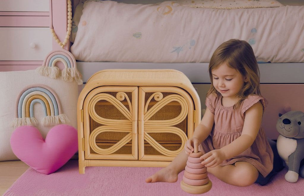 Lullaby Rattan Rattan Doll Clothes Wardrobe | Boho Butterfly Dresser for Kids | Eco-Friendly Nursery Decor